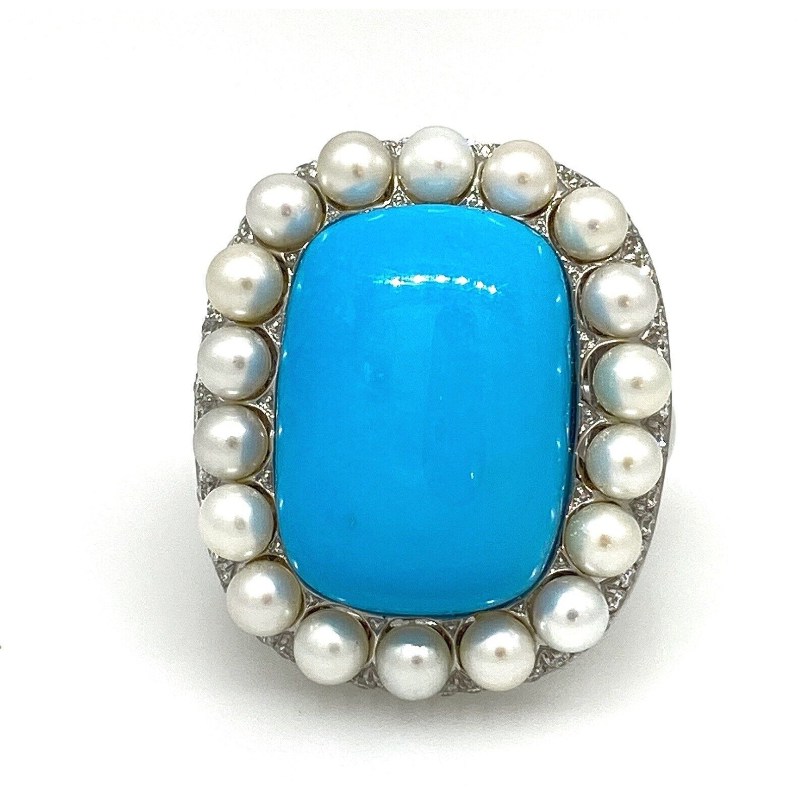 Turquoise, Pearl and Diamond Cocktail Ring in 18k White Gold