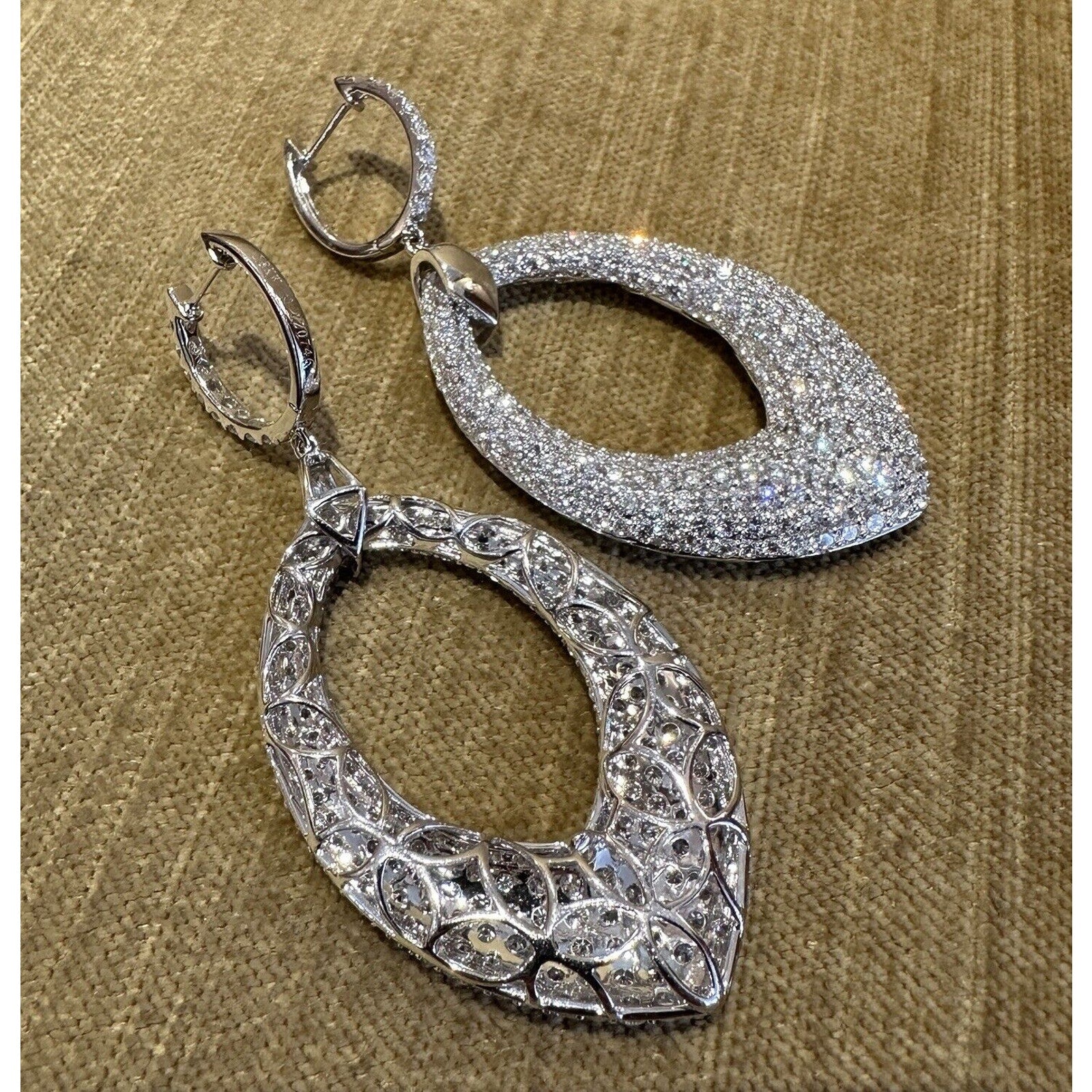 Large Pave Diamond Drop Earrings 10.90 cttw in 18k White Gold