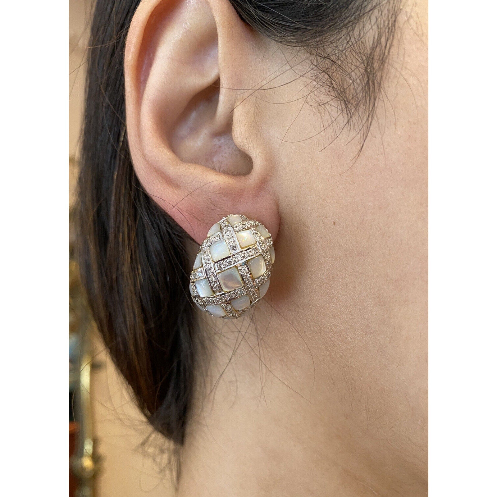 Diamond and Mother-of-Pearl Checkerboard Earrings in 18k White Gold