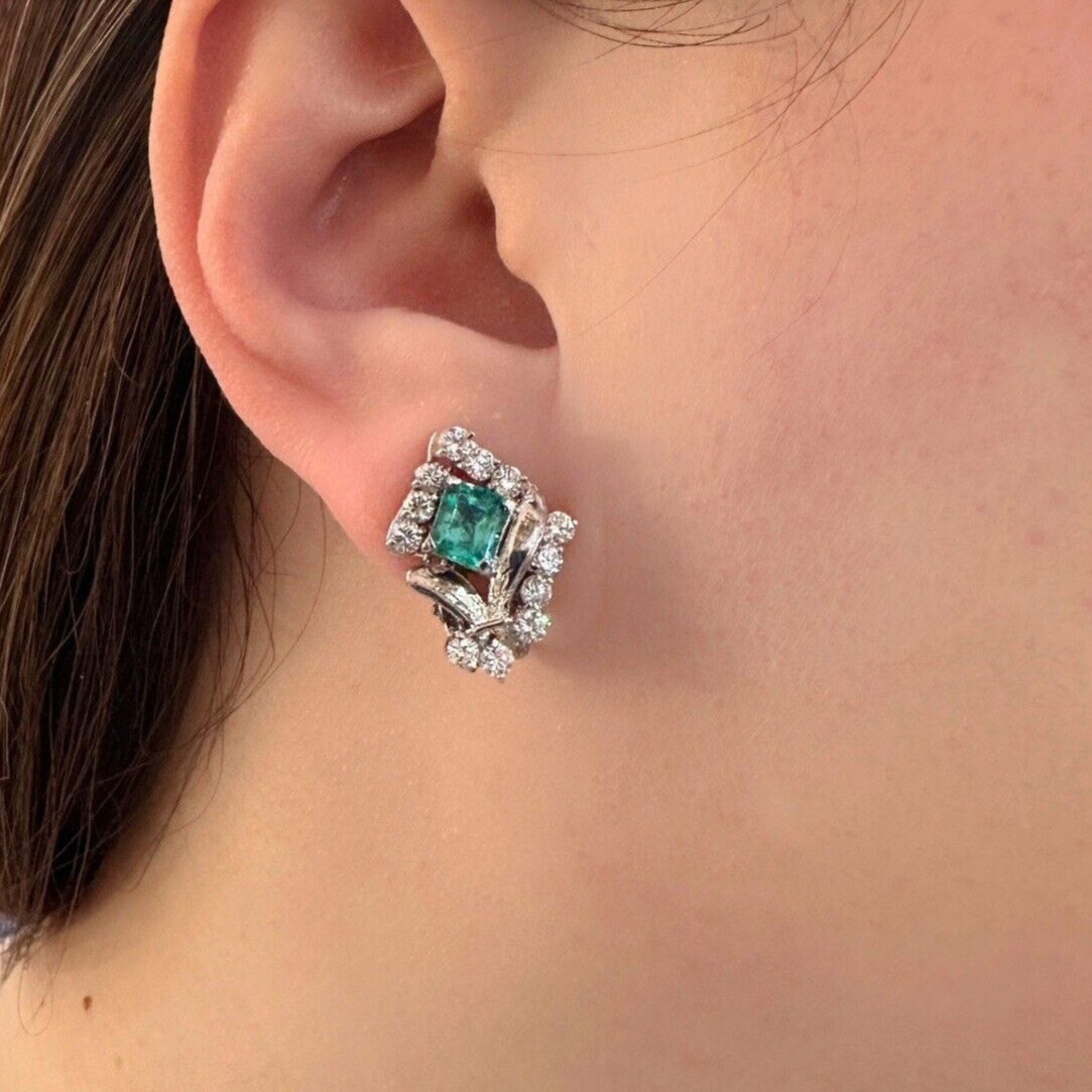 Emerald and Diamond Bouquet Estate Earrings in 14k White Gold
