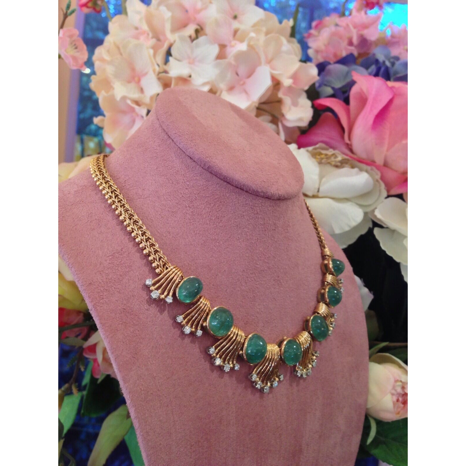 Retro Emerald Cabochon & Diamond Necklace in 18K Rose Gold
