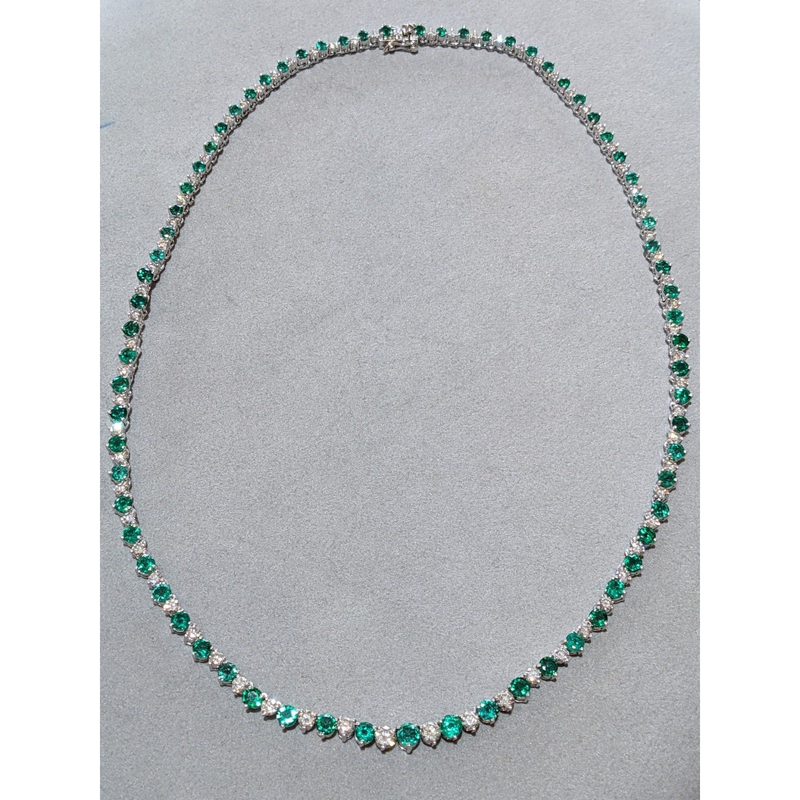 Emerald & Diamond Riviera Tennis Necklace 16.75" in 14k White Gold
