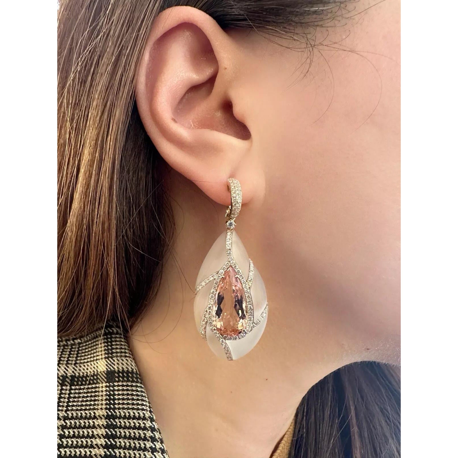 Morganite, Diamond & Rock Crystal Drop Earrings in 18k Rose Gold