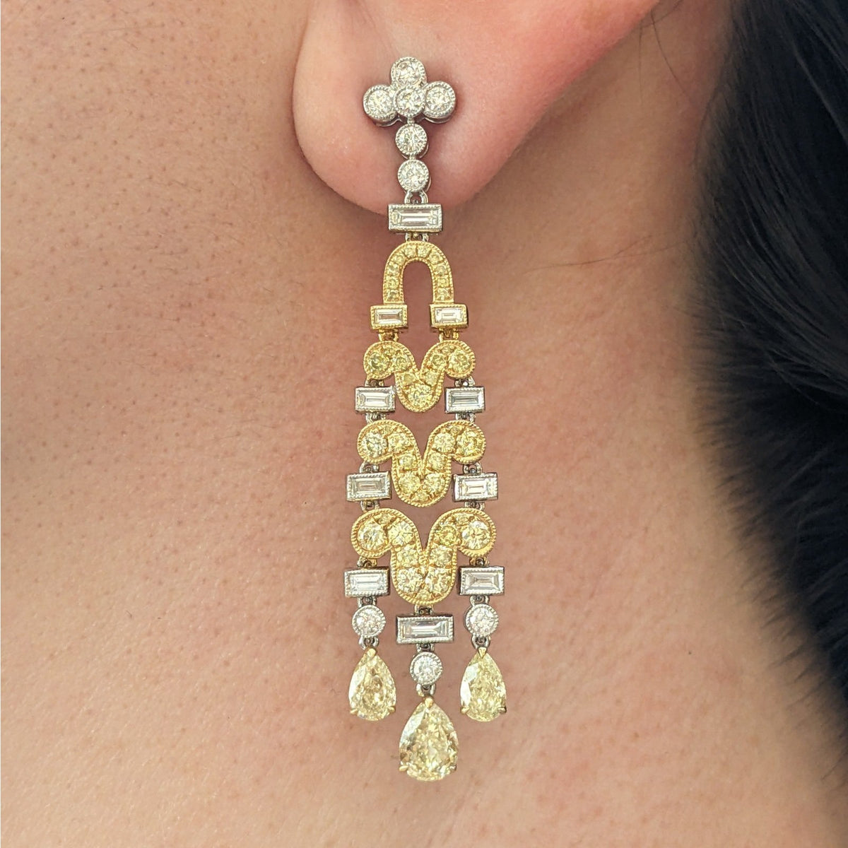 Natural Yellow & White Diamond Chandelier Drop Earrings in 18k Gold