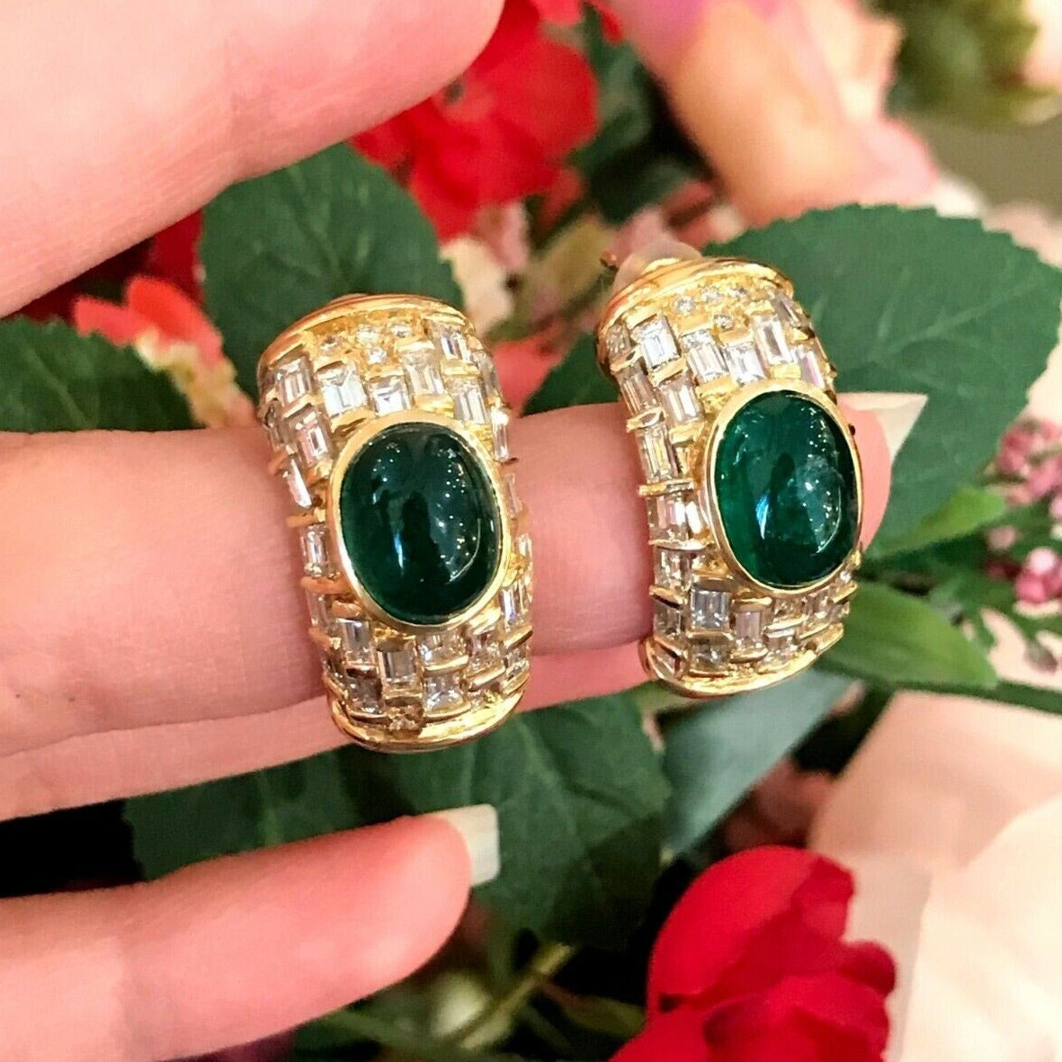 Estate Emerald and Diamond Half Hoop Earrings in 18k Yellow Gold