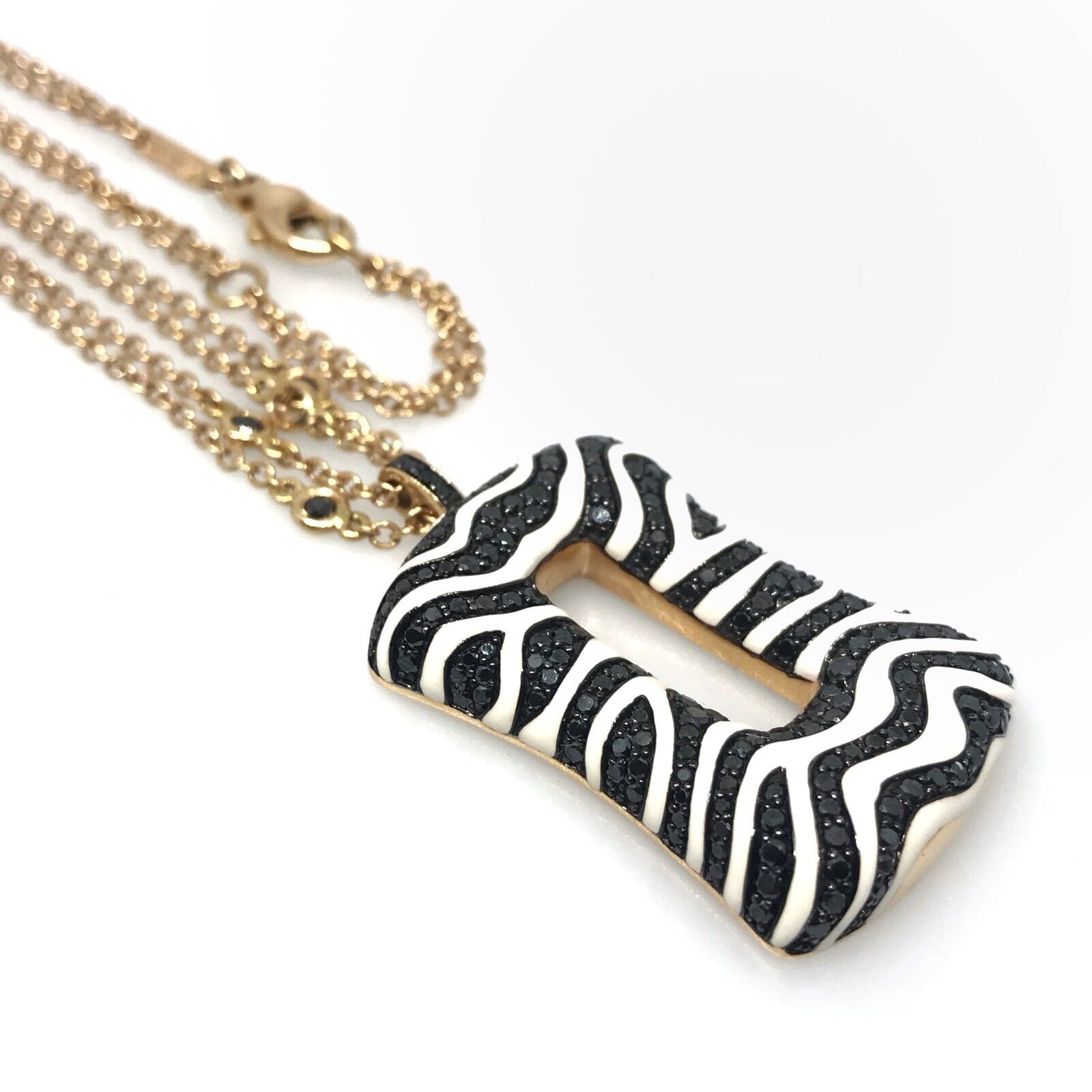 Black Diamond and White Enamel Zebra Pendant Necklace in 18k Rose Gold