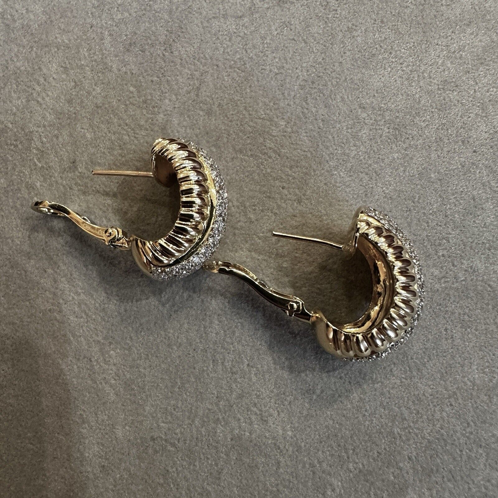 Scalloped Gold and Diamond Pave Half Hoop Earrings in 18k Yellow Gold