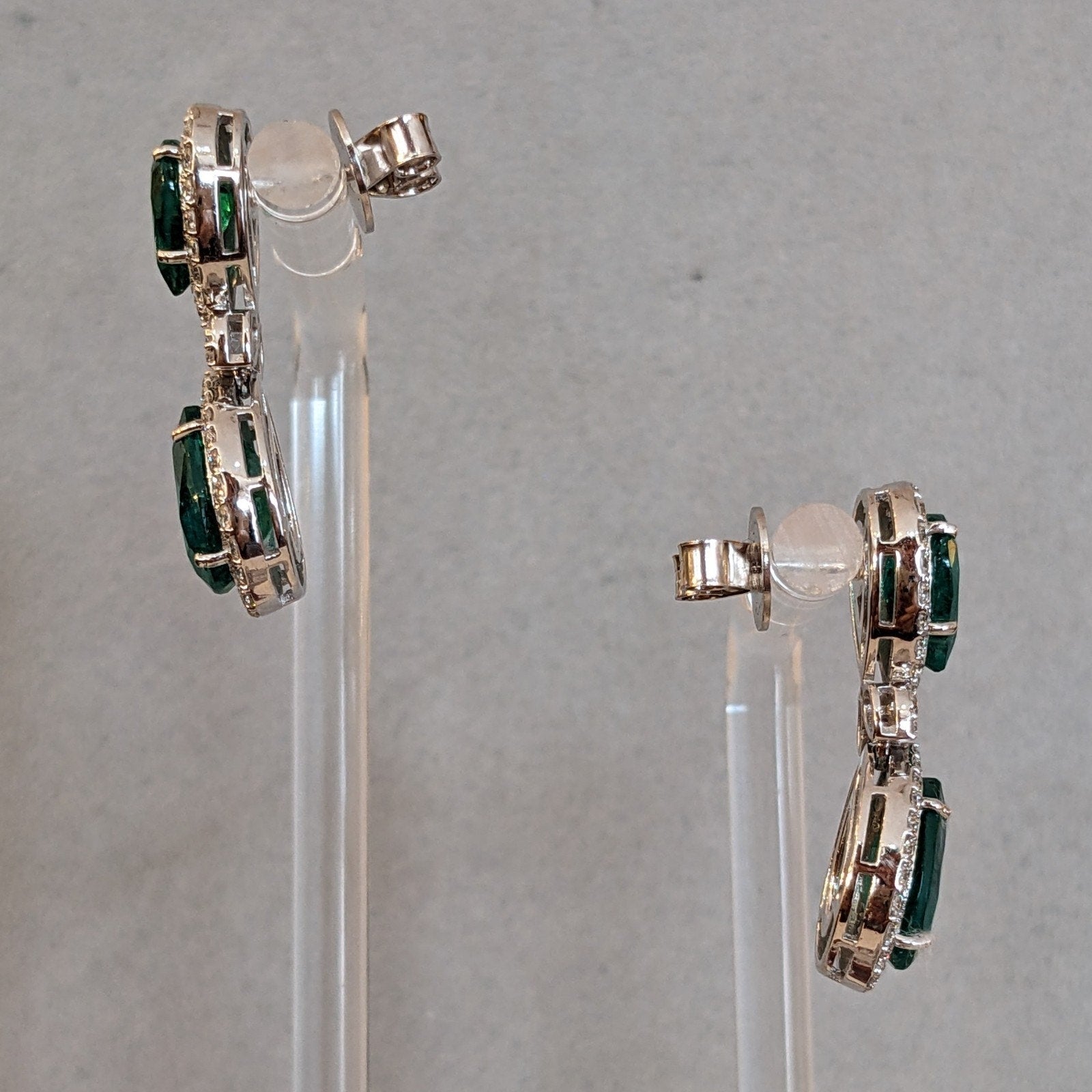 Natural Emerald and Diamond Drop Earrings in 18k White Gold