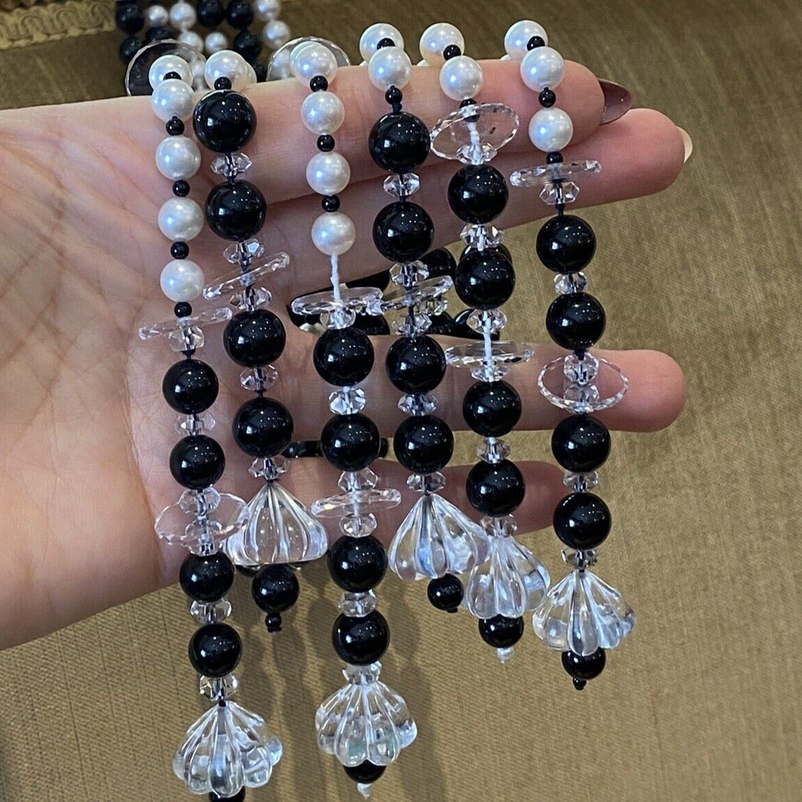 50" Multi-strand Pearl and Onyx Tassel Necklace with 18k White Gold Diamond Bar