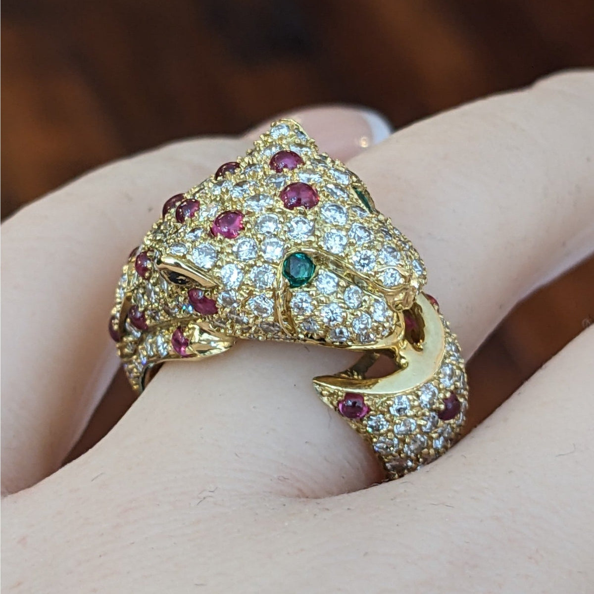 Pave Diamond and Ruby Panther Wrap Ring in 18k Yellow Gold