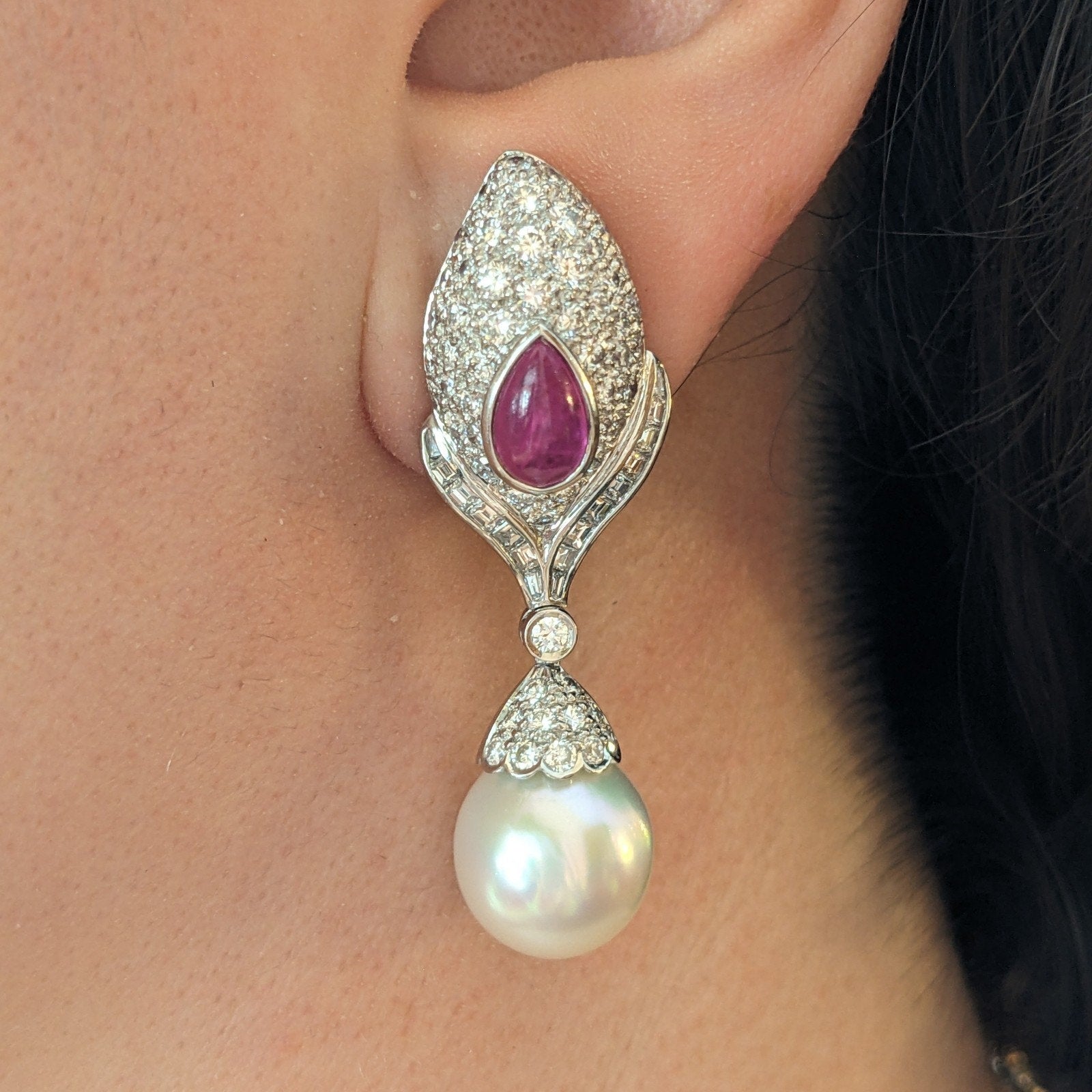 Natural Ruby, Diamond and Pearl Drop Earrings in Platinum