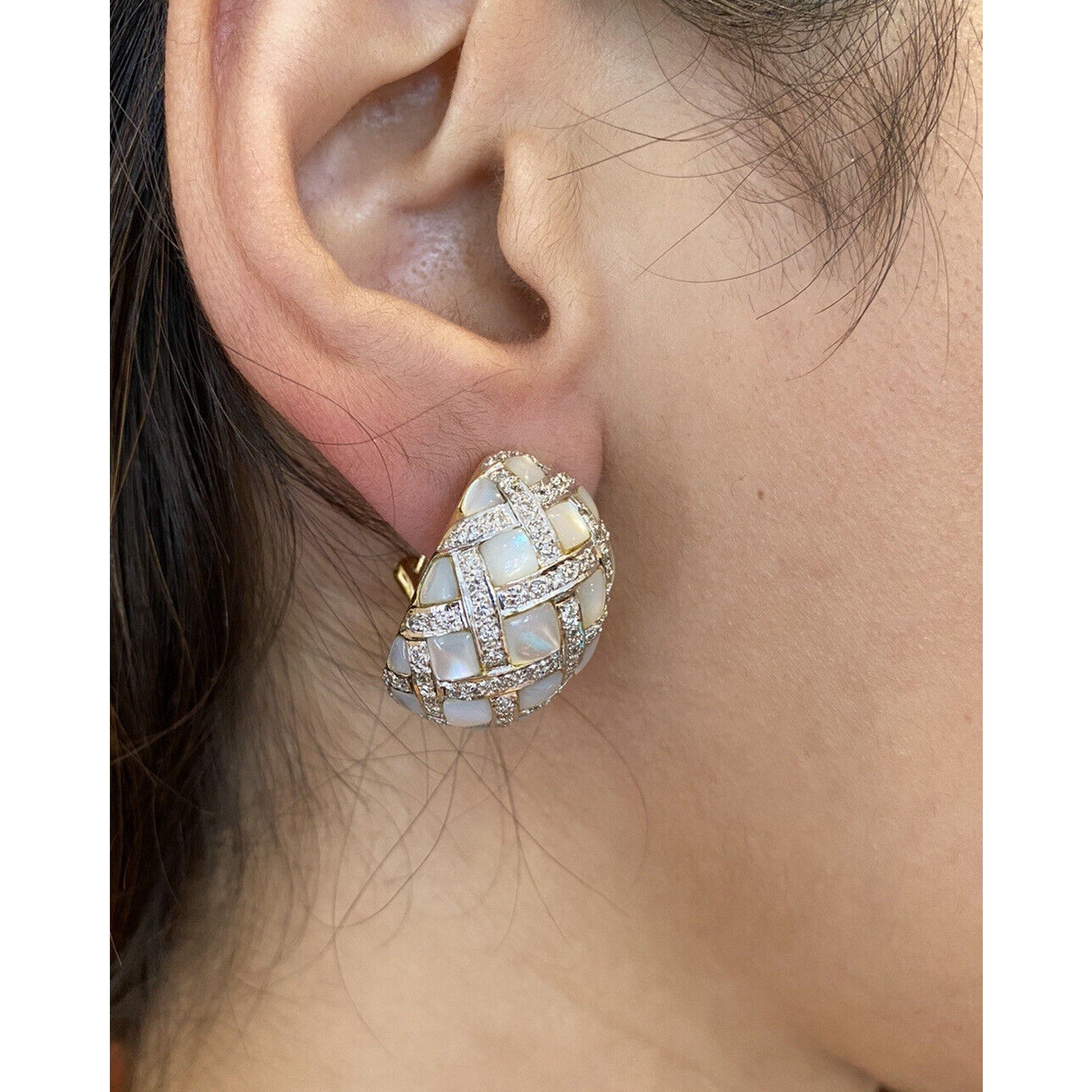 Diamond and Mother-of-Pearl Checkerboard Earrings in 18k White Gold