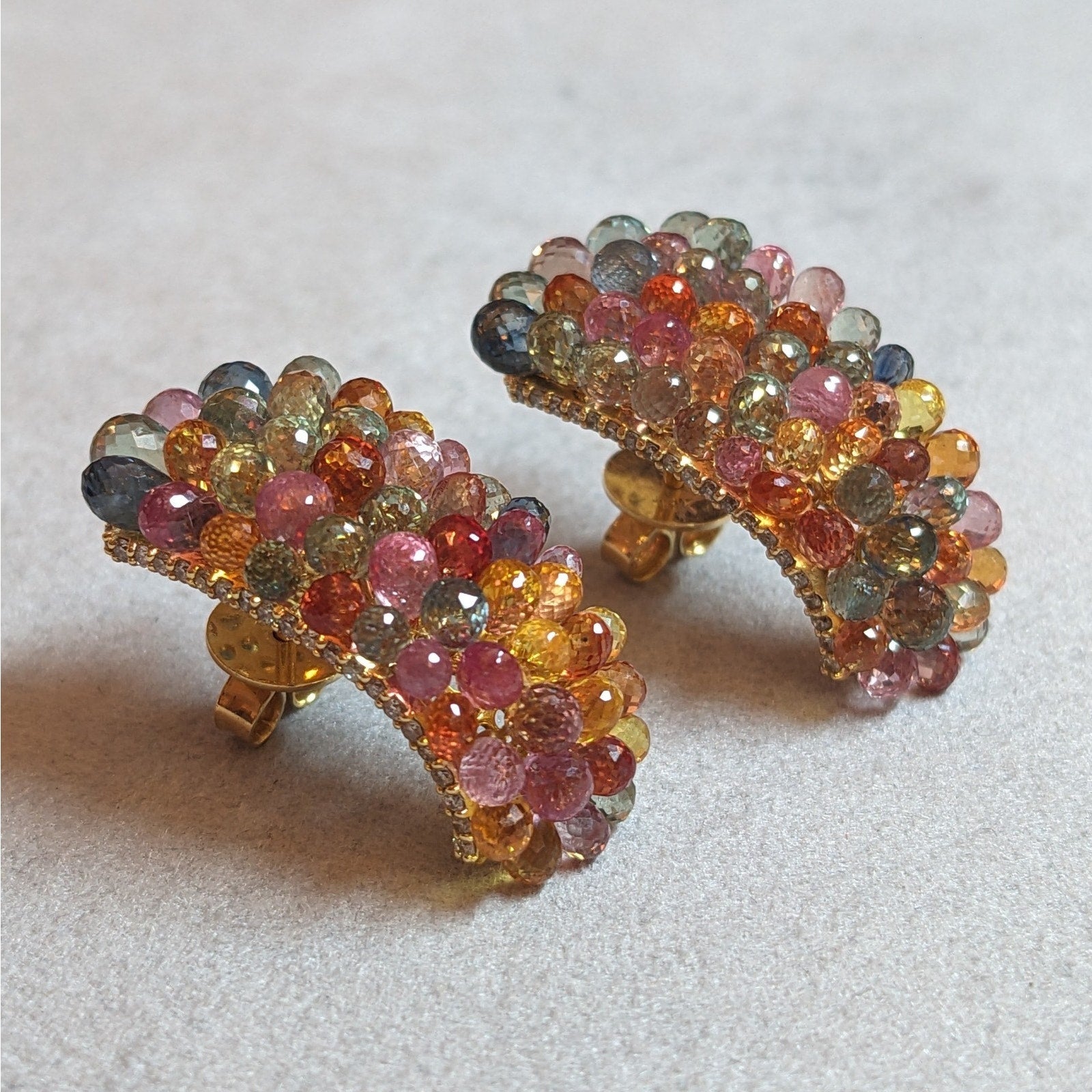 Multicolor Sapphire Briolette and Diamond Earrings in 18k Yellow Gold