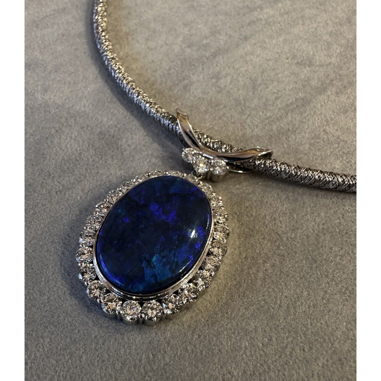 GIA Certified Black Opal and Diamond Pendant Necklace in Platinum/18k Gold