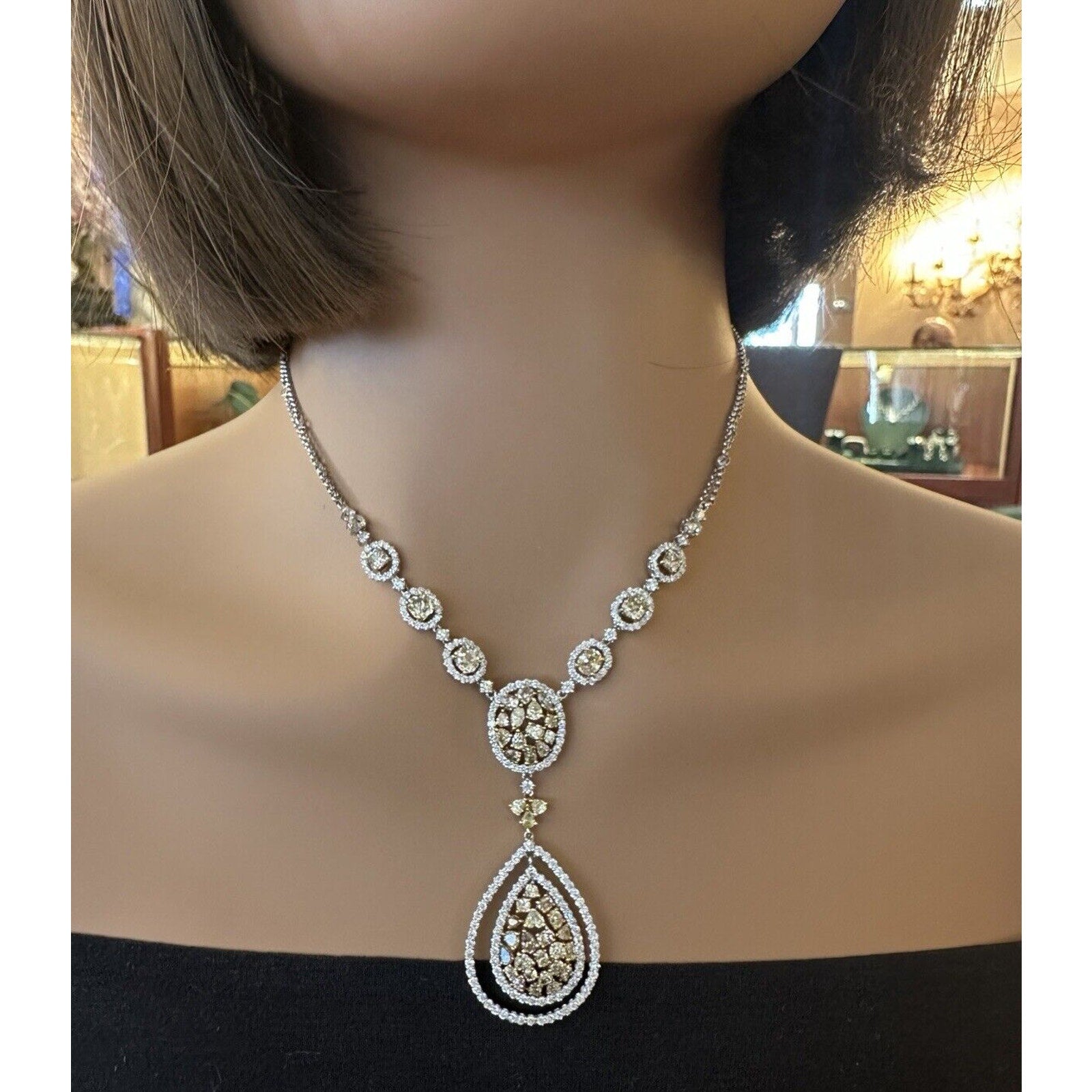 Natural Color Diamond Drop Pendant Necklace in 18k White and Yellow Gold