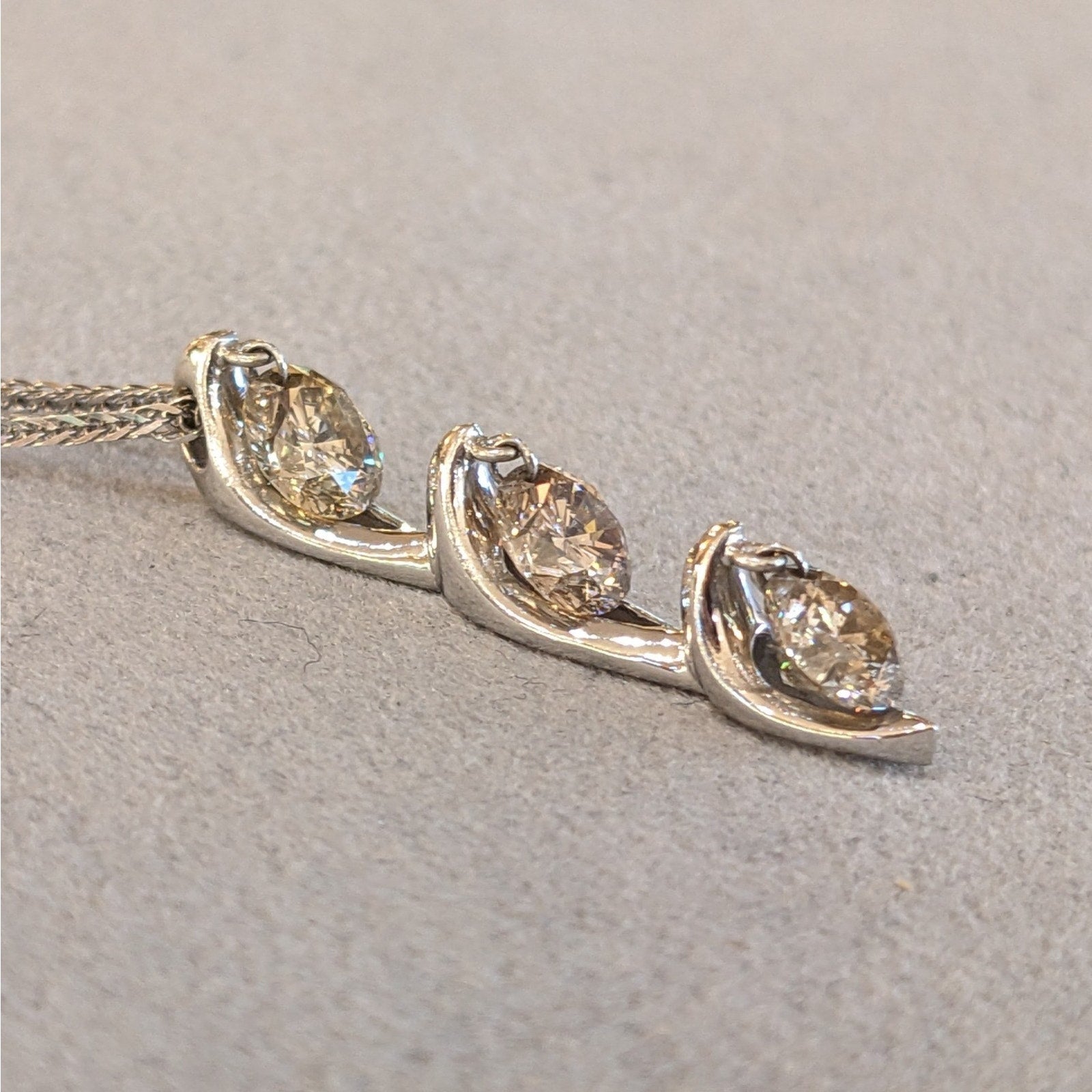 Three Champagne Diamond Drop Pendant Necklace in 18k White Gold