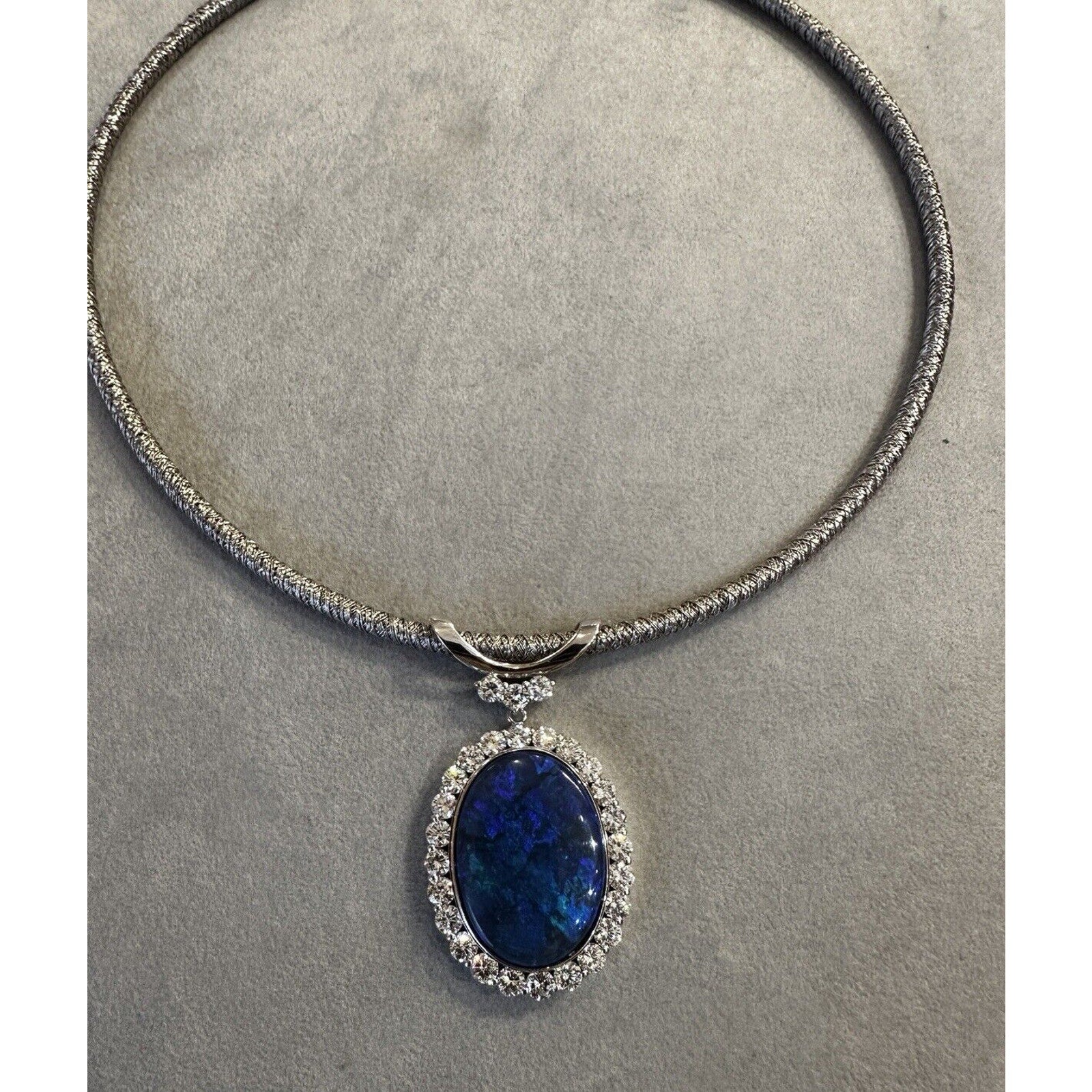 GIA Certified Black Opal and Diamond Pendant Necklace in Platinum/18k Gold