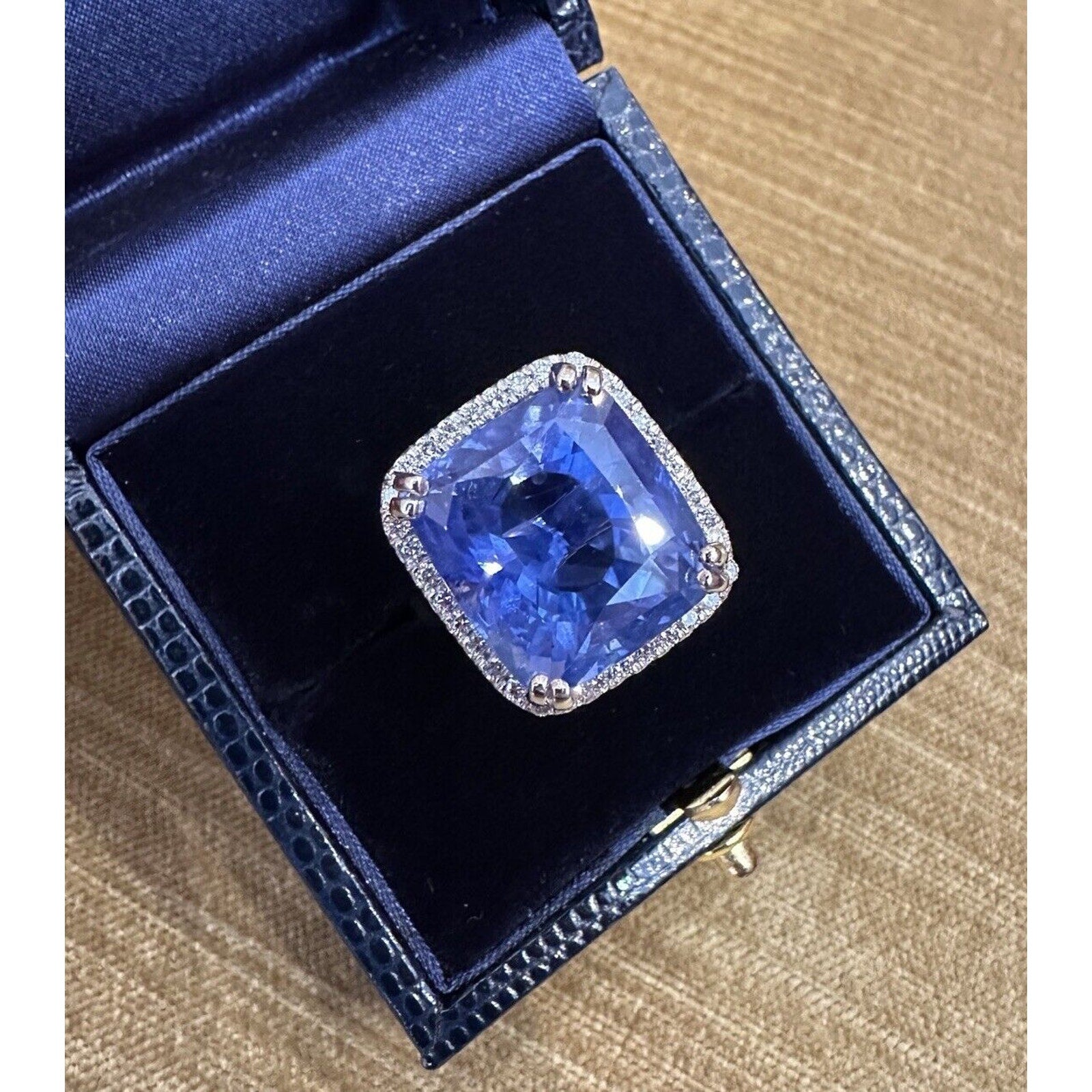 GIA 26.75cts Unheated Ceylon Sapphire in Diamond Halo Platinum Ring- C300ZR