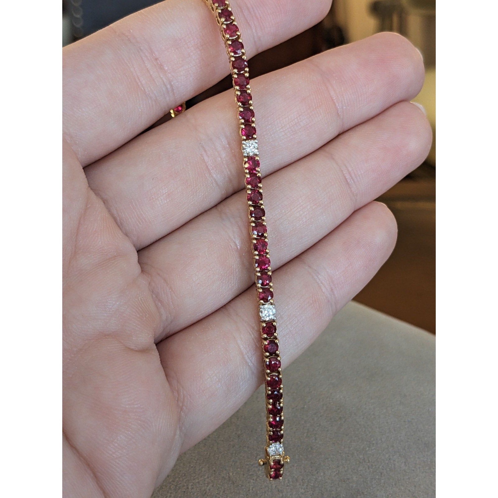 Unheated Natural Ruby & Diamond Tennis Line Bracelet in 18k Yellow Gold
