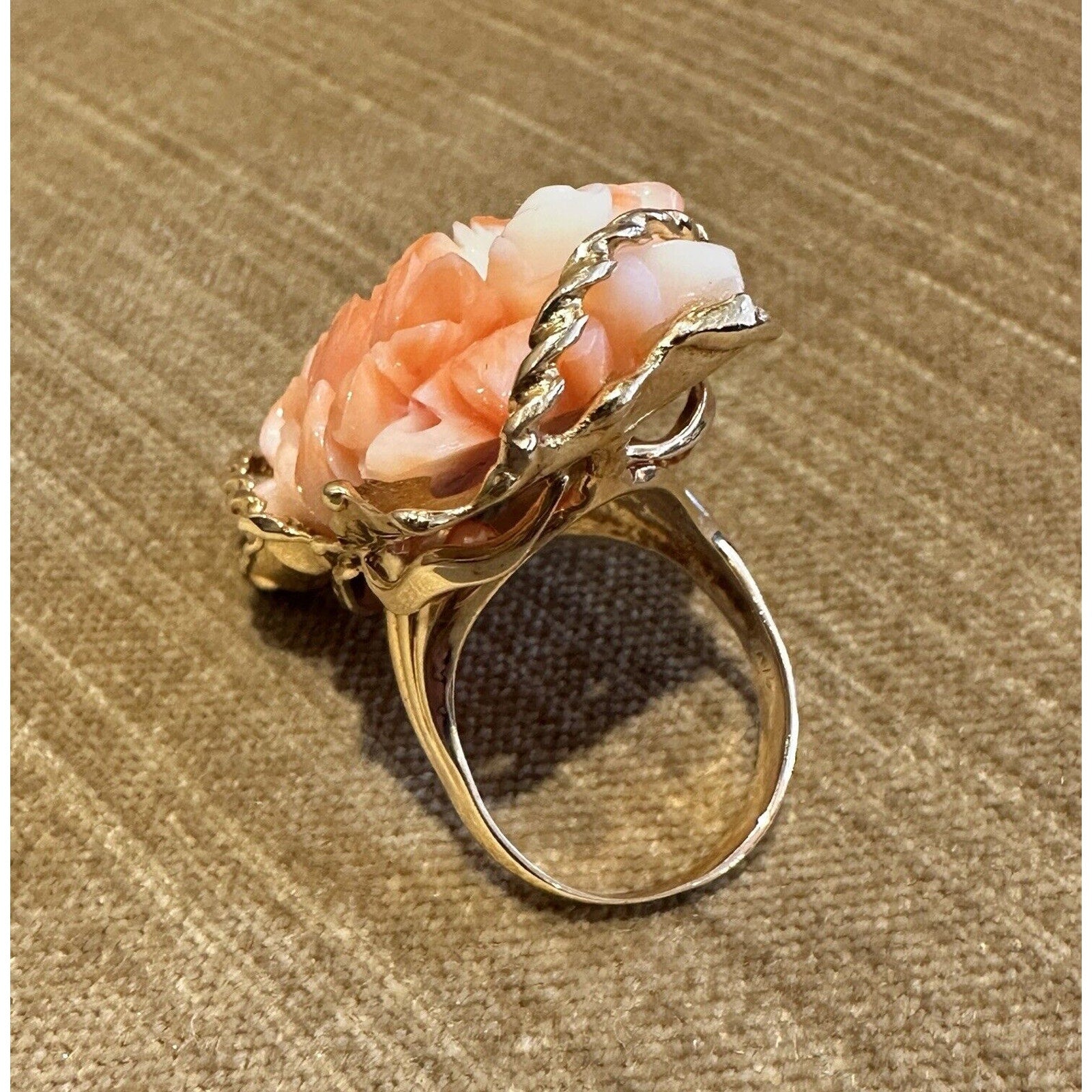 Carved Rose Angel Skin Coral Ring in 18k Yellow Gold