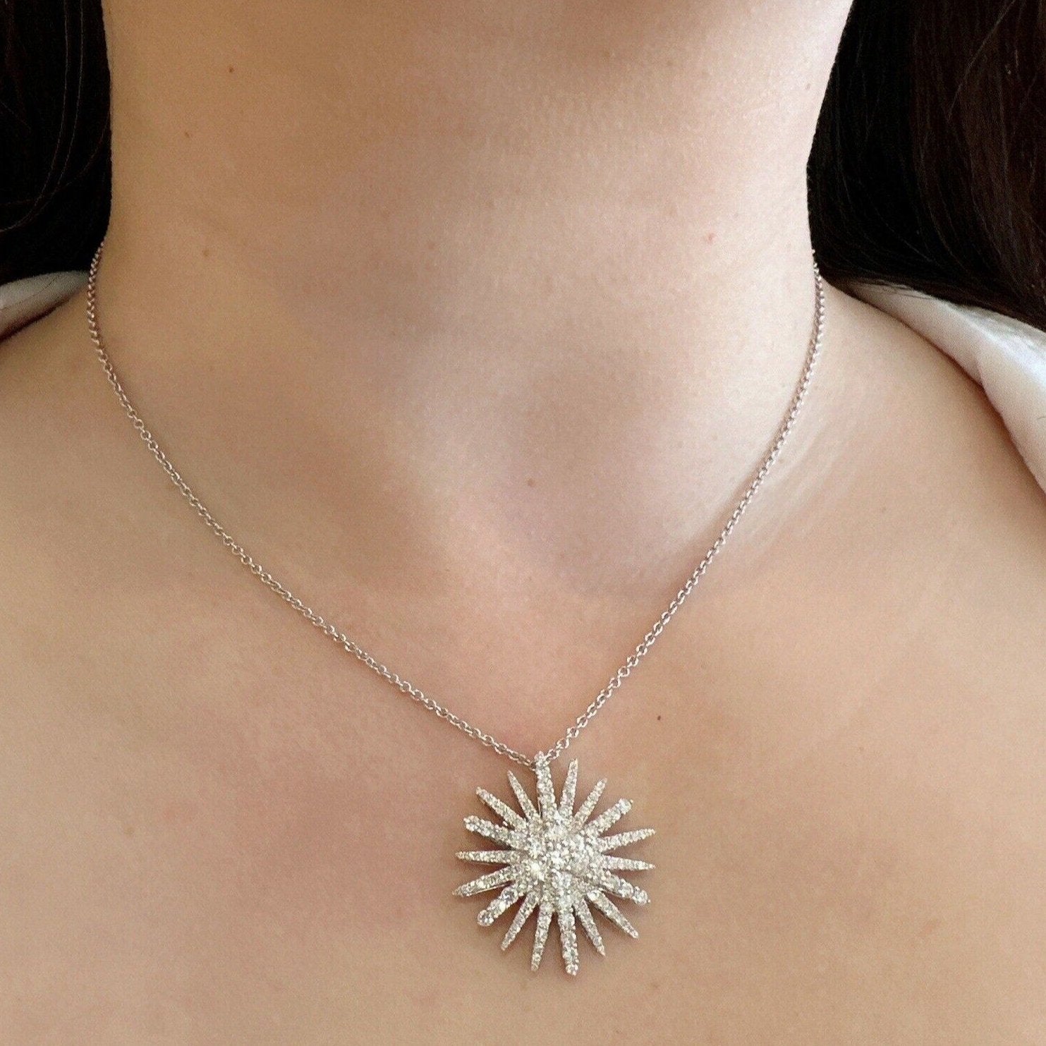 Pave Diamond Starburst Pendant 2.30 carat total weight on Chain in 18k White Gold