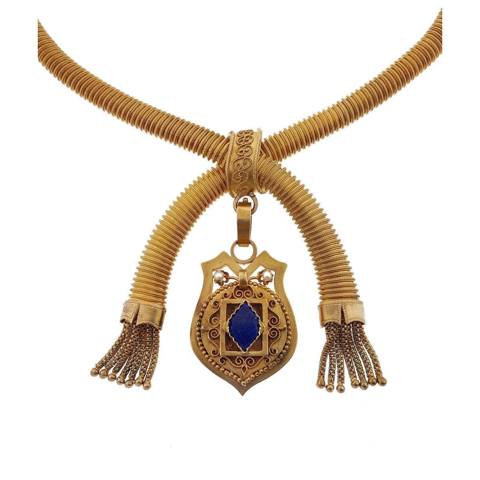 Victorian Coil Style Necklace with Tassel and Locket in 14k and 18k