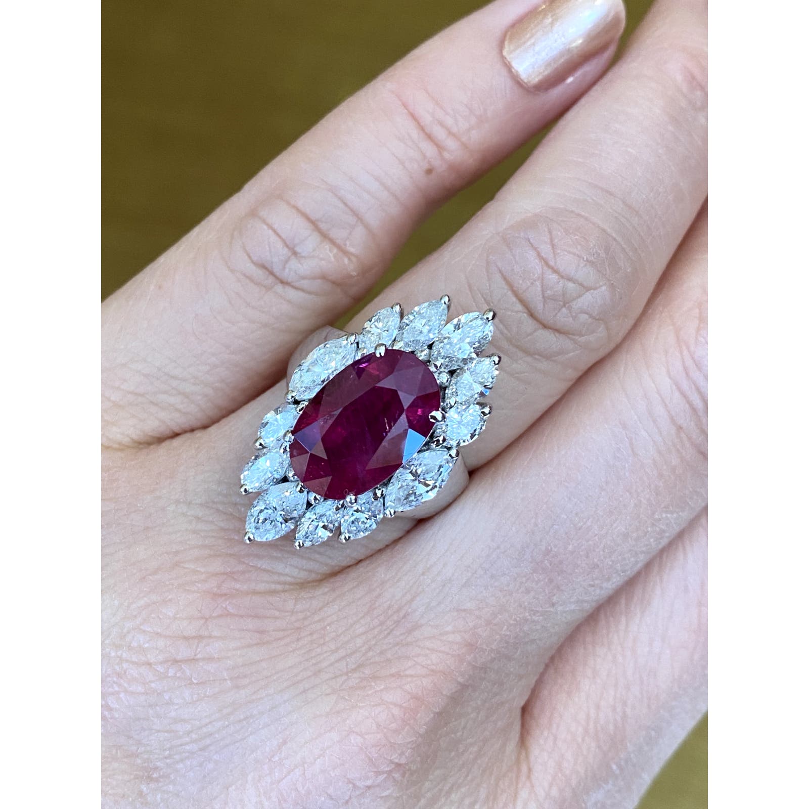 GRS Certified Oval Ruby 7.02 ct in Diamond Halo Ring in Platinum - HM2315SZ