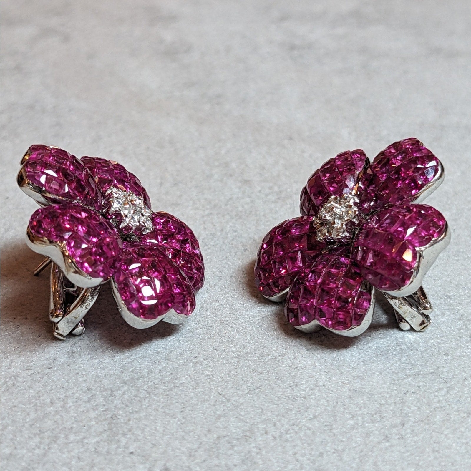 Natural Ruby Mystery Set Flower Earrings with Diamonds in 18k White Gold