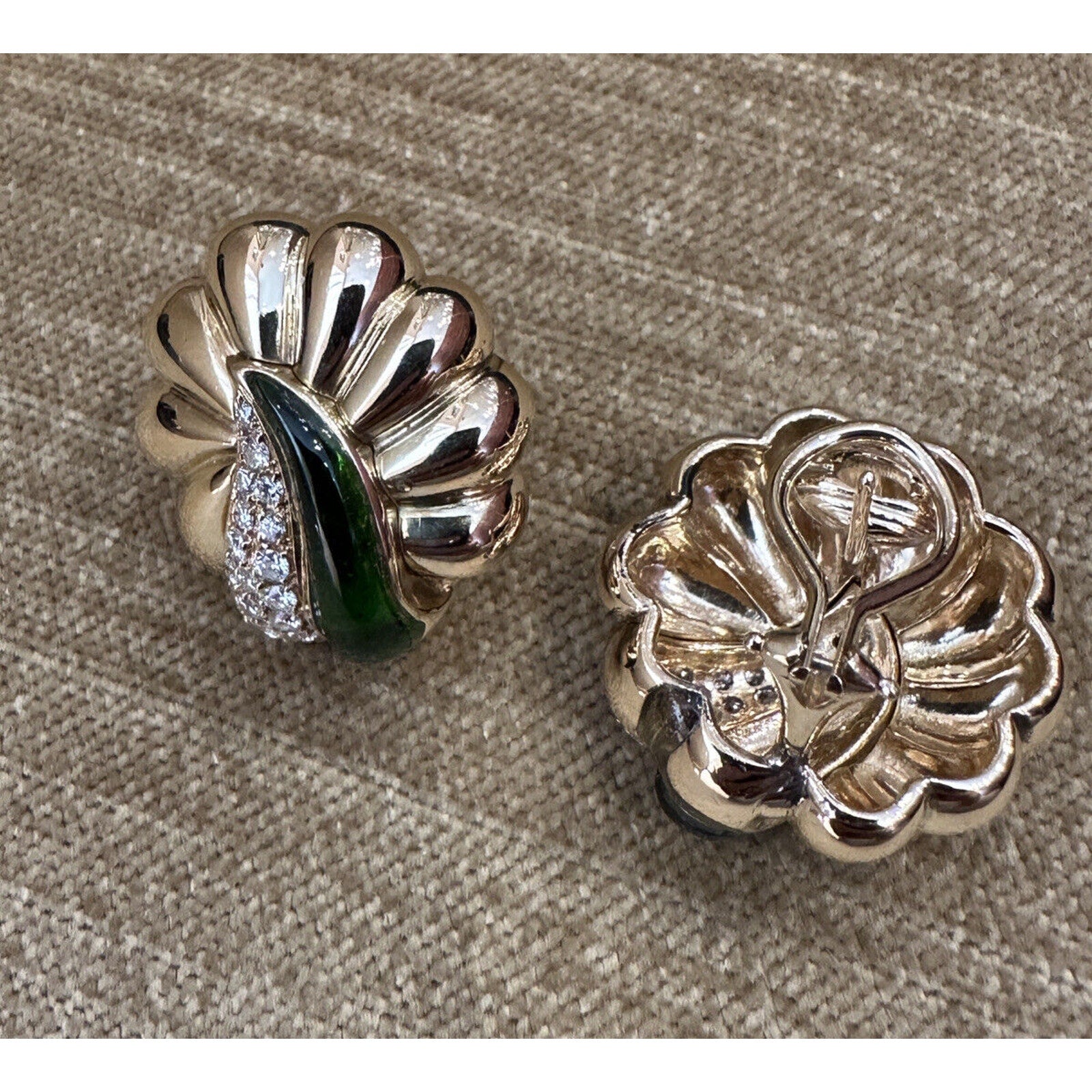 Green Enamel & Diamond Scallop Earrings in 18k Yellow Gold