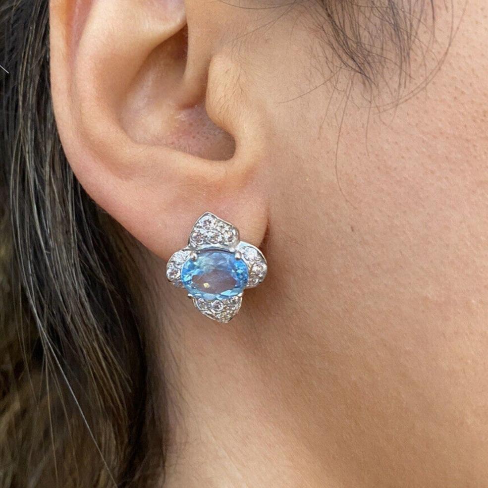 Blue Topaz & Diamond Flower Button Earrings in 18k White Gold