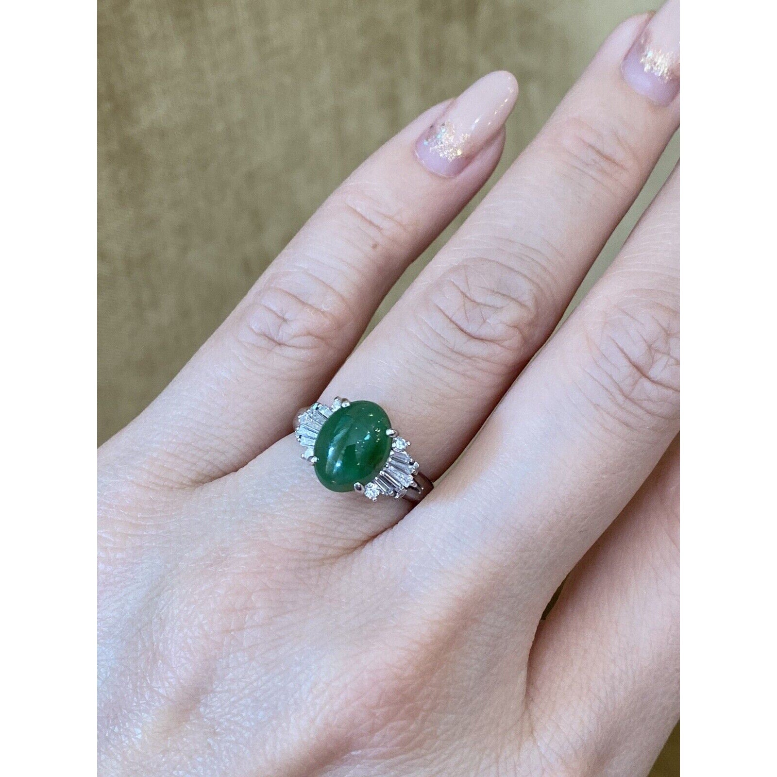 GIA Untreated Oval Jadeite Jade 2.79 carat and Diamond Ring in Platinum