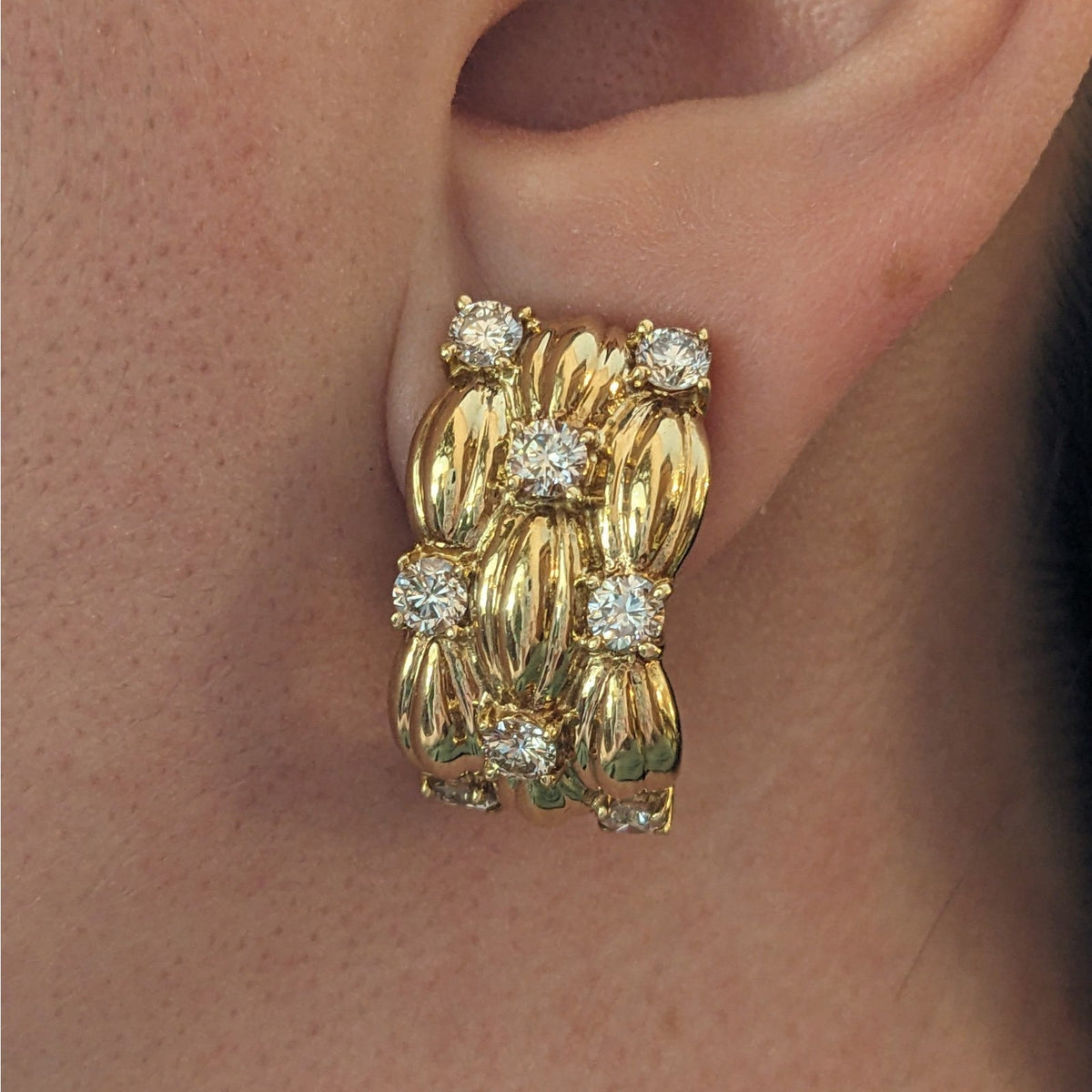 Vintage Basket Weave Diamond Half Hoop Earrings in 18k Yellow Gold