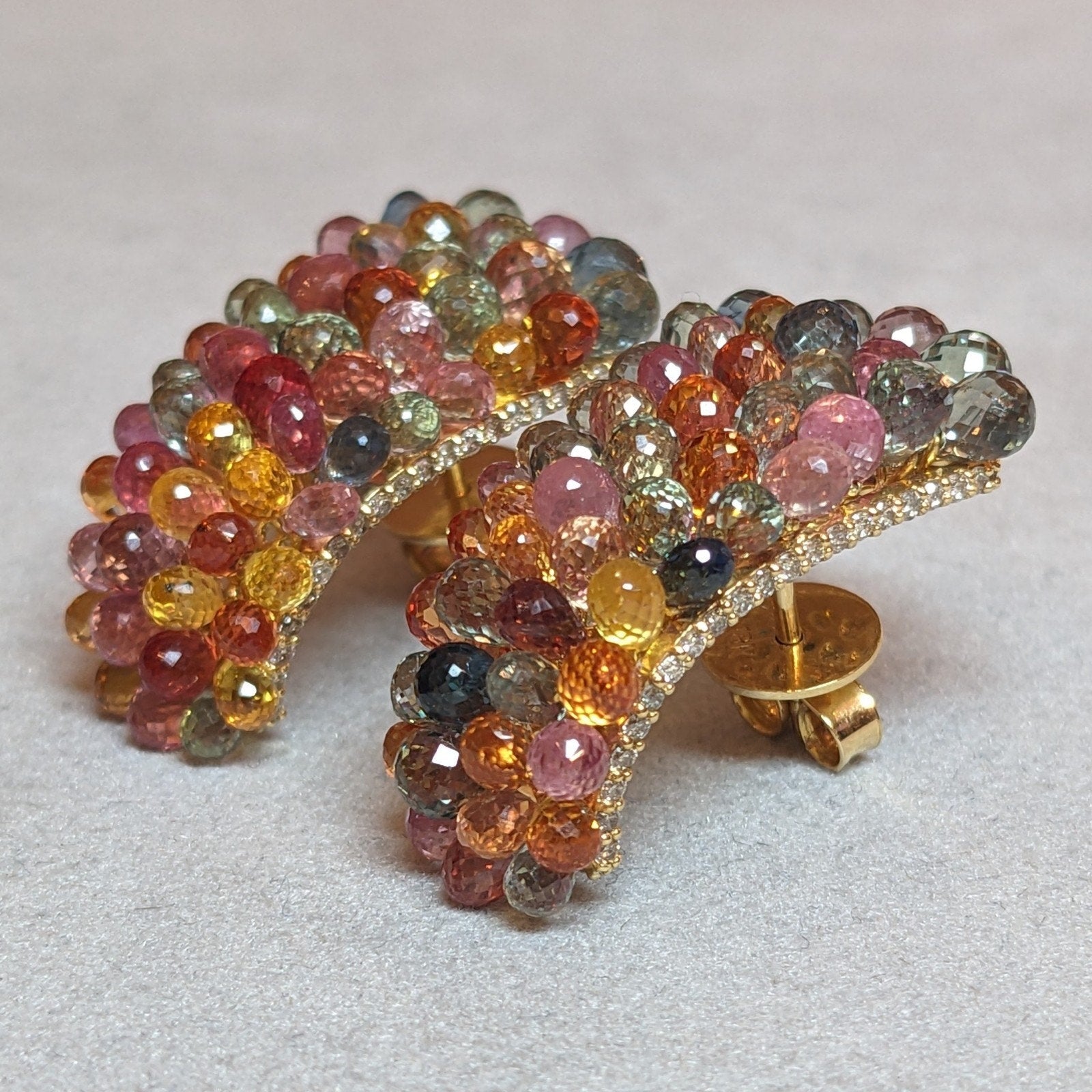 Multicolor Sapphire Briolette and Diamond Earrings in 18k Yellow Gold