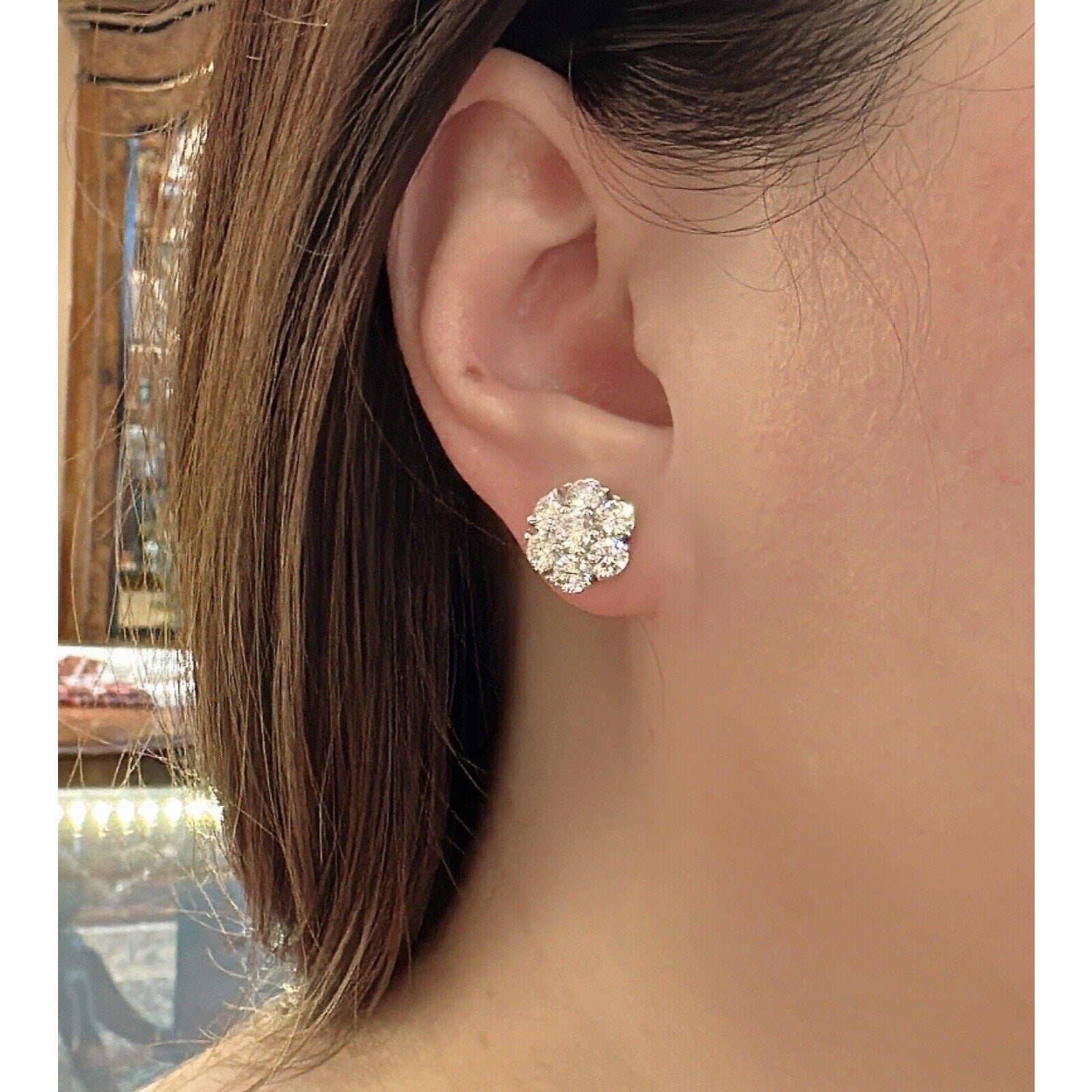 Diamond Floret Cluster Stud Earrings 3.10 cttw in 14k White Gold