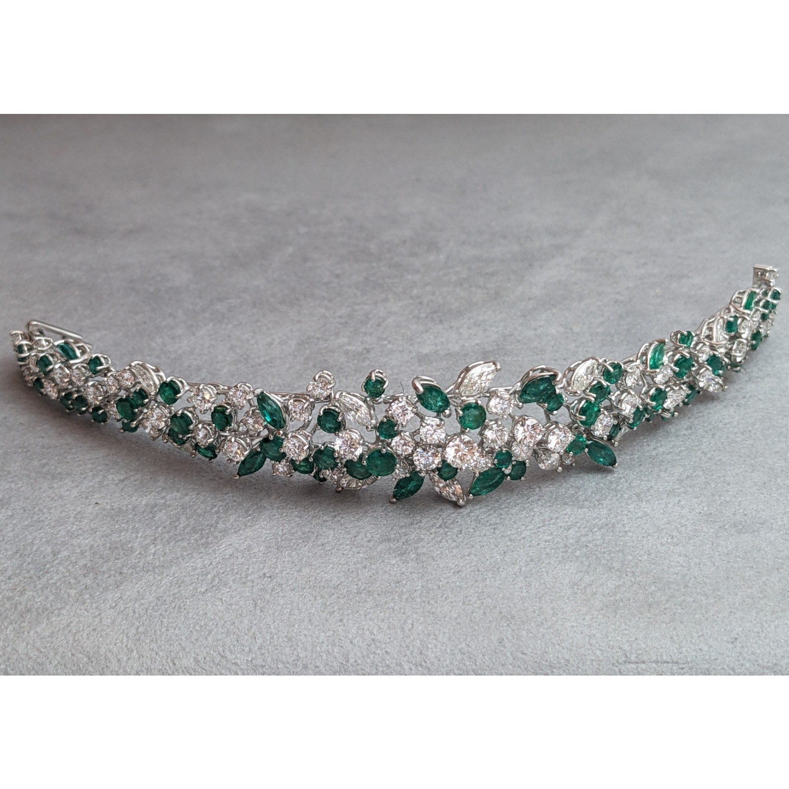 Round and Marquise Diamond and Emerald Cluster Bracelet in Platinum & 14k