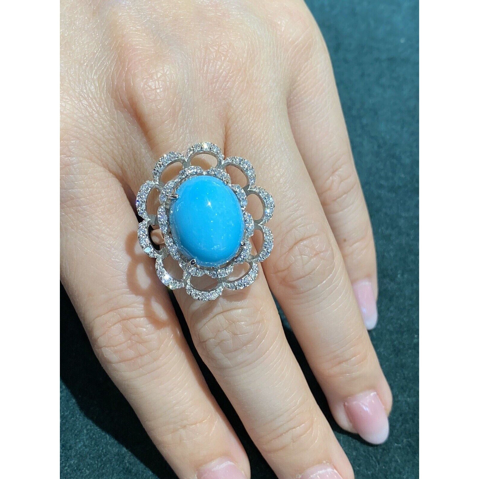 Turquoise and Diamond Flower Cocktail Ring in Platinum