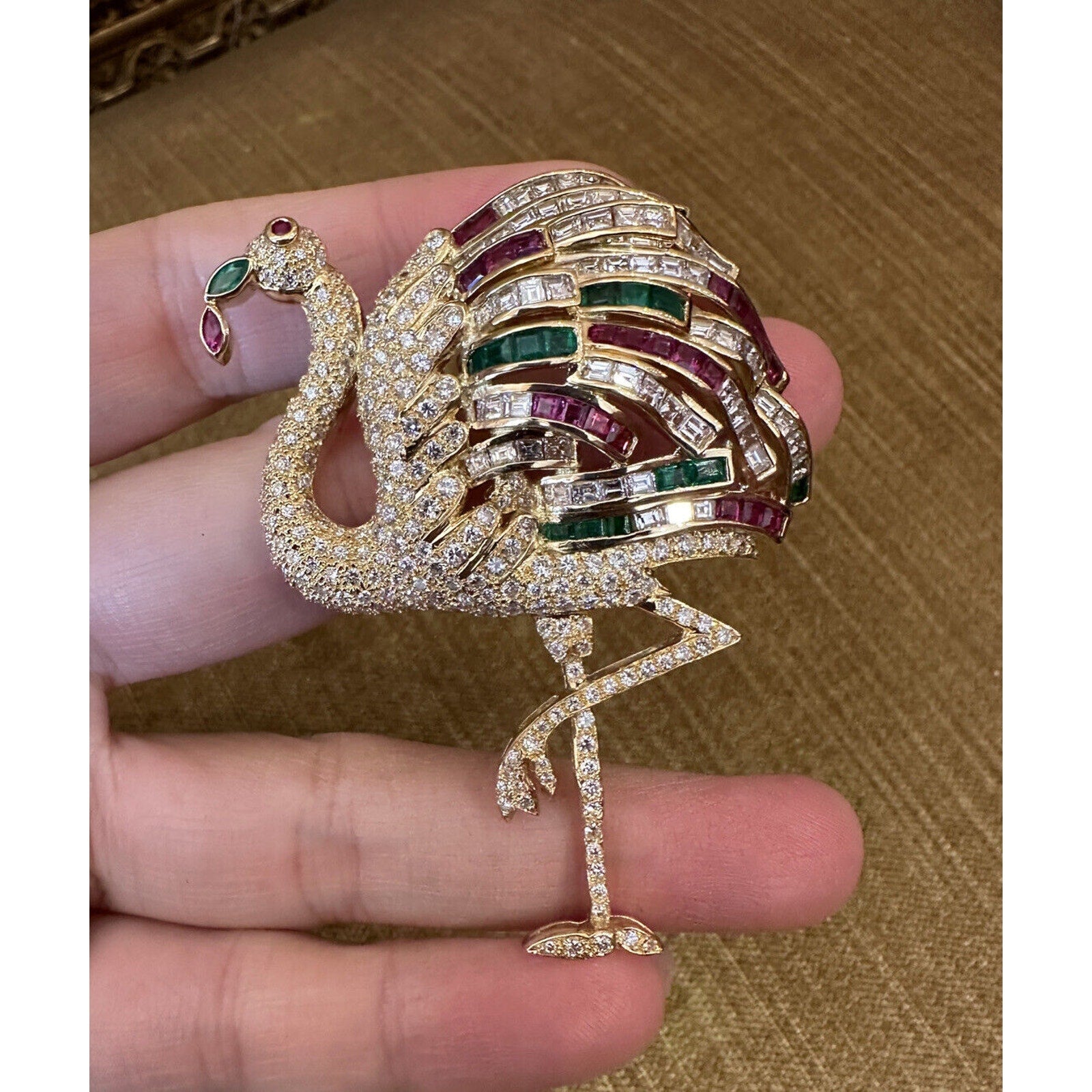 Large Diamond Flamingo Brooch w/Rubies, Emeralds in 18k Yellow Gold - HM2459ZE