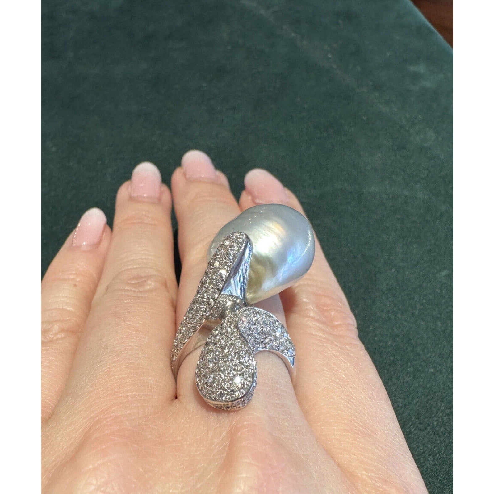 Large Baroque Pearl & Diamond Crossover Cocktail Ring in 18k White Gold