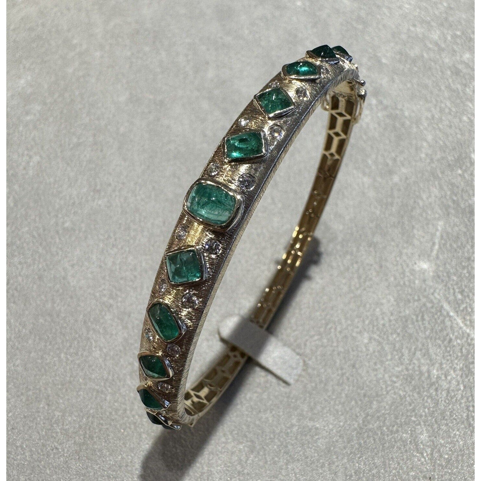 Natural Emerald & Diamond Bangle Bracelet in Textured 14k Yellow Gold - HM2626A