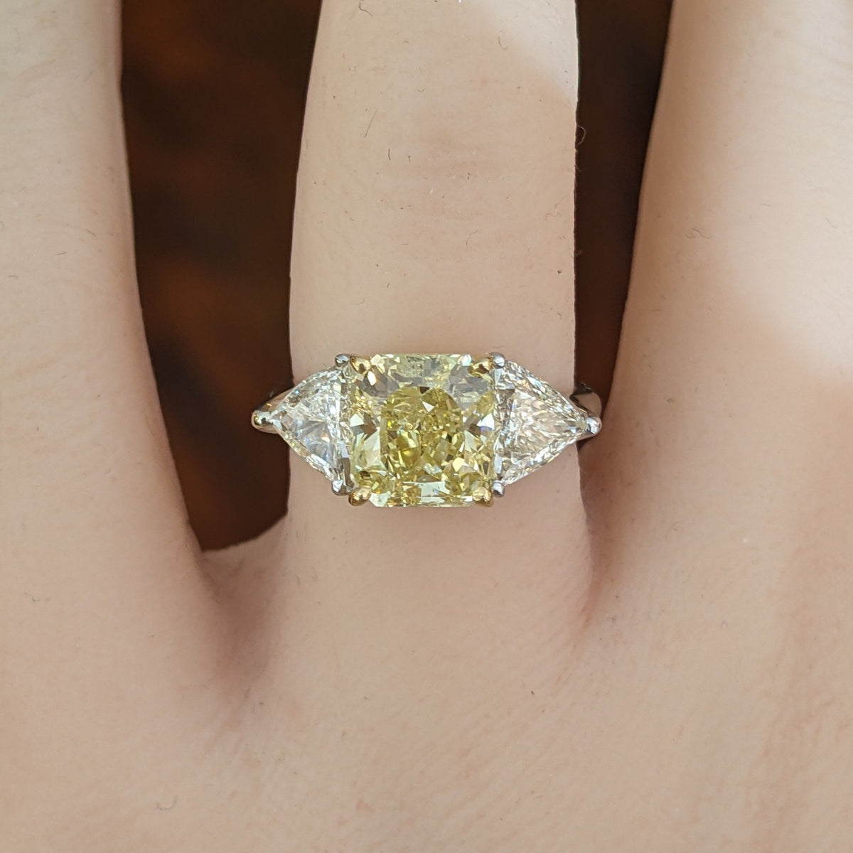 GIA Fancy Yellow Radiant 3.22ct Three-Stone Diamond Ring in Plat/18k