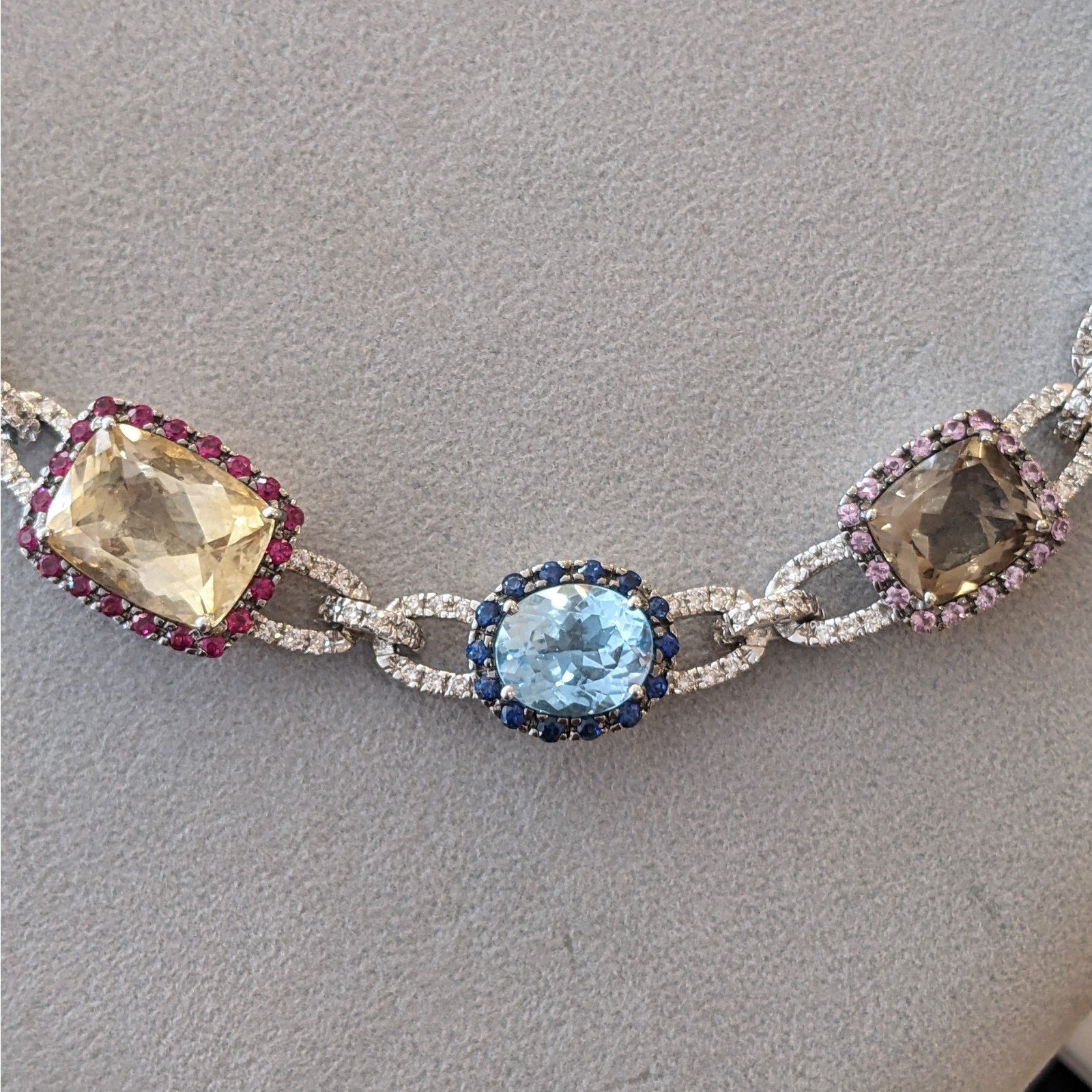 Multi-Color Gemstone Necklace with Diamonds in 18k White Gold