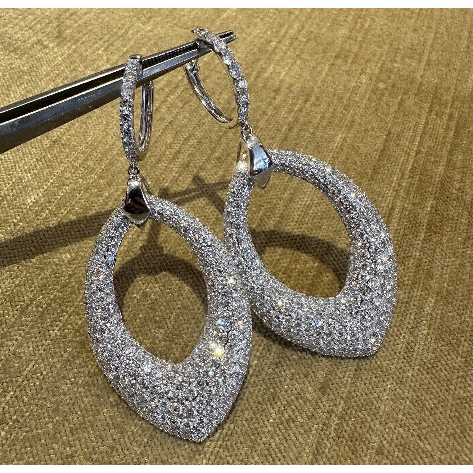 Large Pave Diamond Drop Earrings 10.90 cttw in 18k White Gold