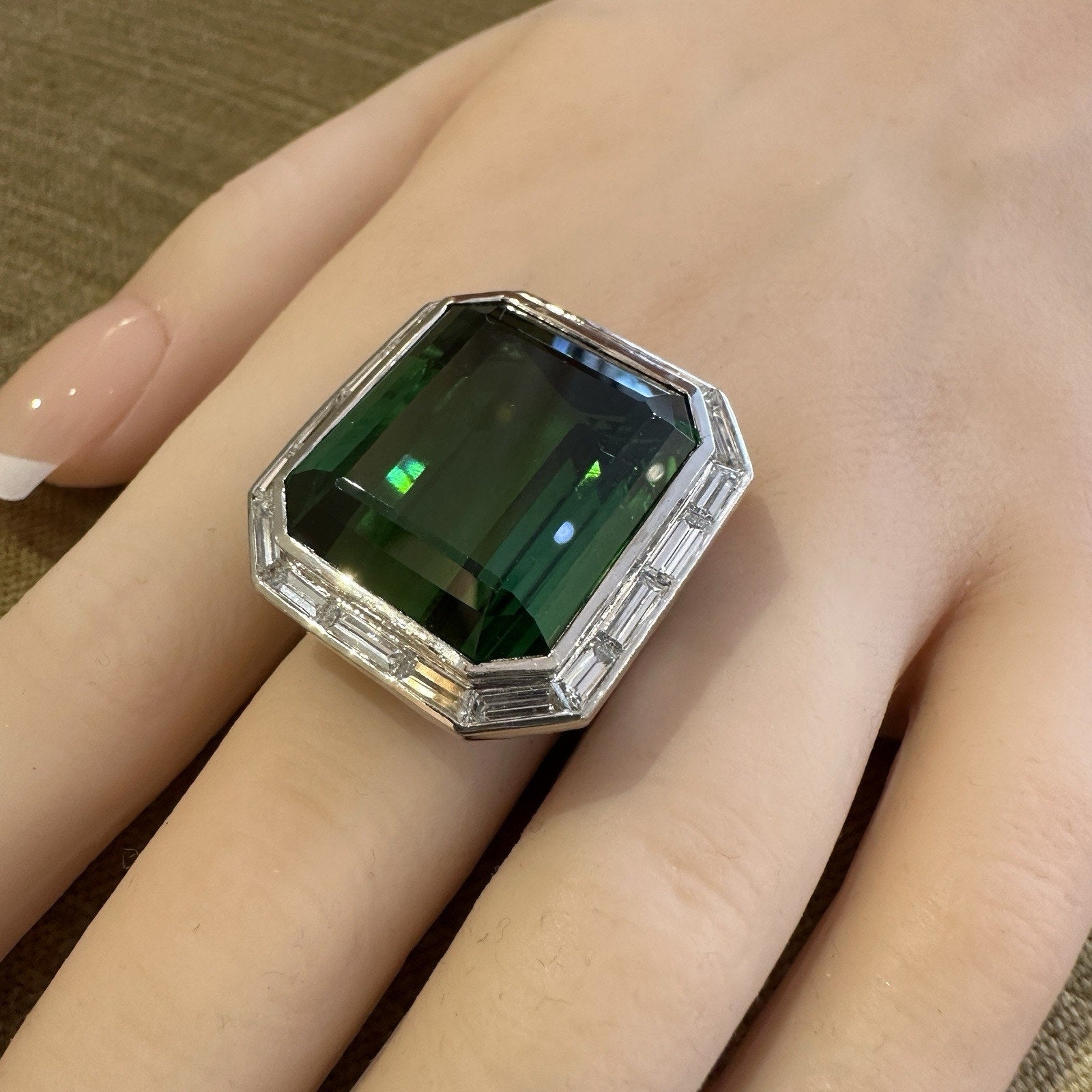 GIA 43 ct Green Tourmaline & Diamond Halo Cocktail Ring 18k White Gold