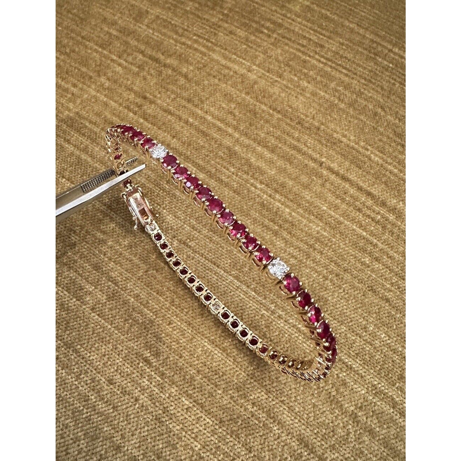 Unheated Ruby and Diamond Line Tennis Bracelet in 18k Yellow Gold
