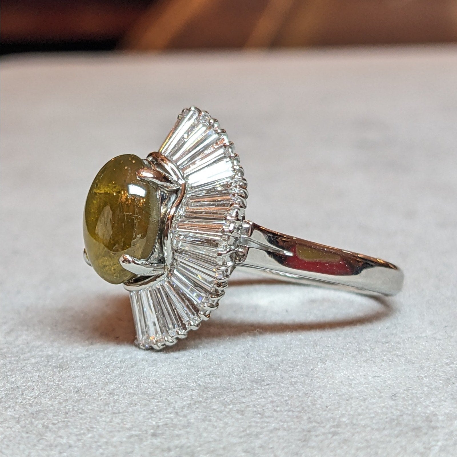 3.92 ct Cats Eye Chrysoberyl and Diamond Ring in Platinum