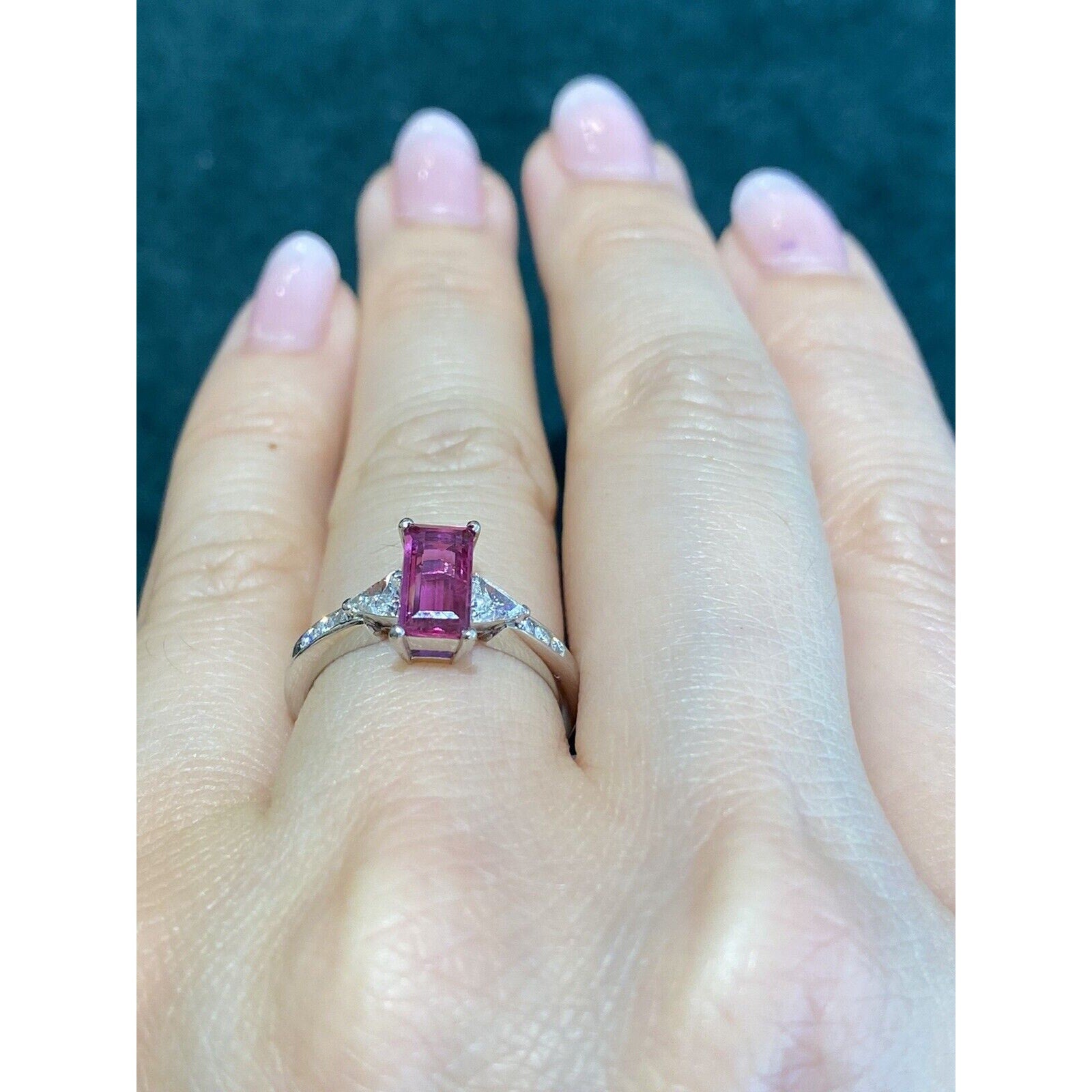 Rectangular Pink Tourmaline and Trillion Diamond Ring in Platinum