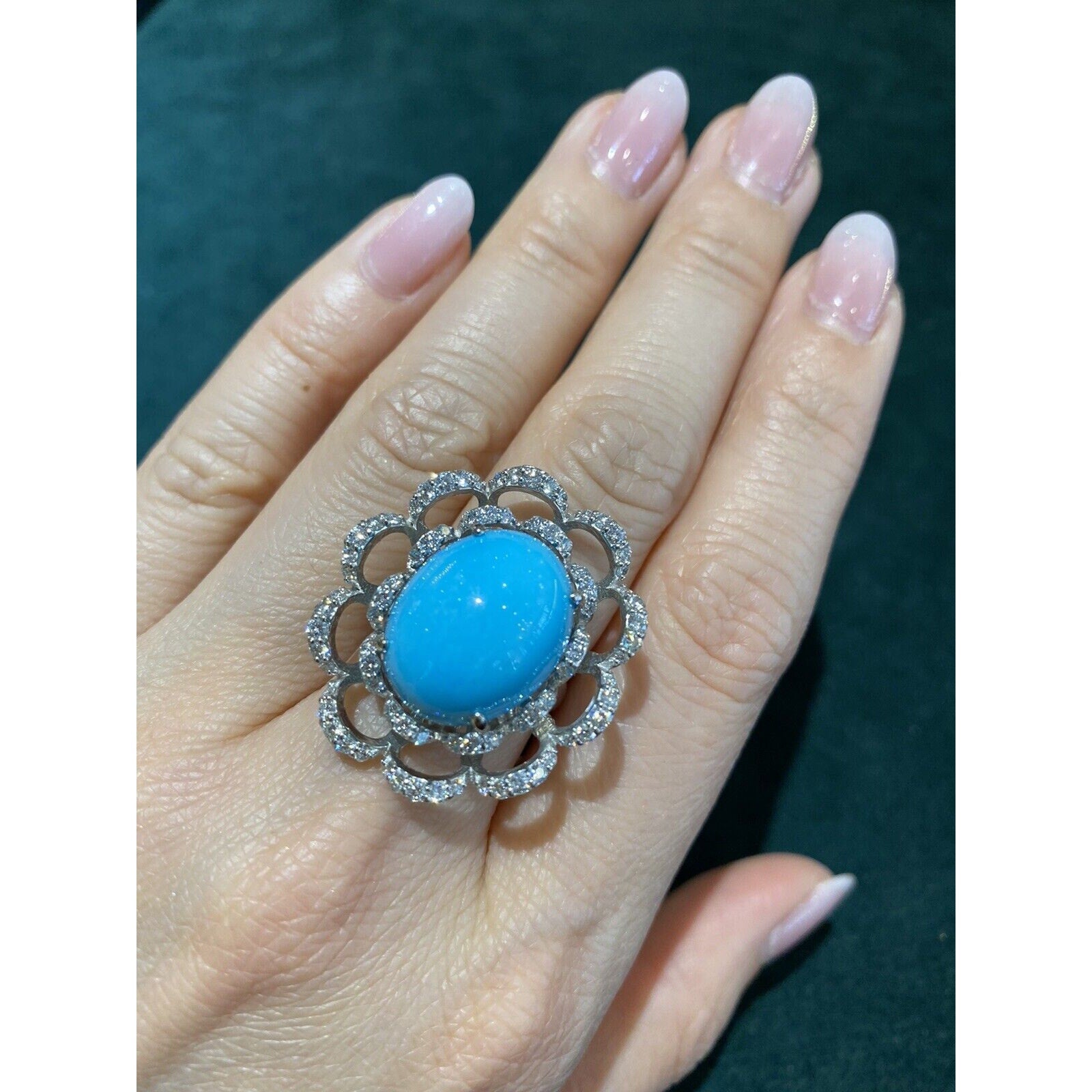 Turquoise and Diamond Flower Cocktail Ring in Platinum