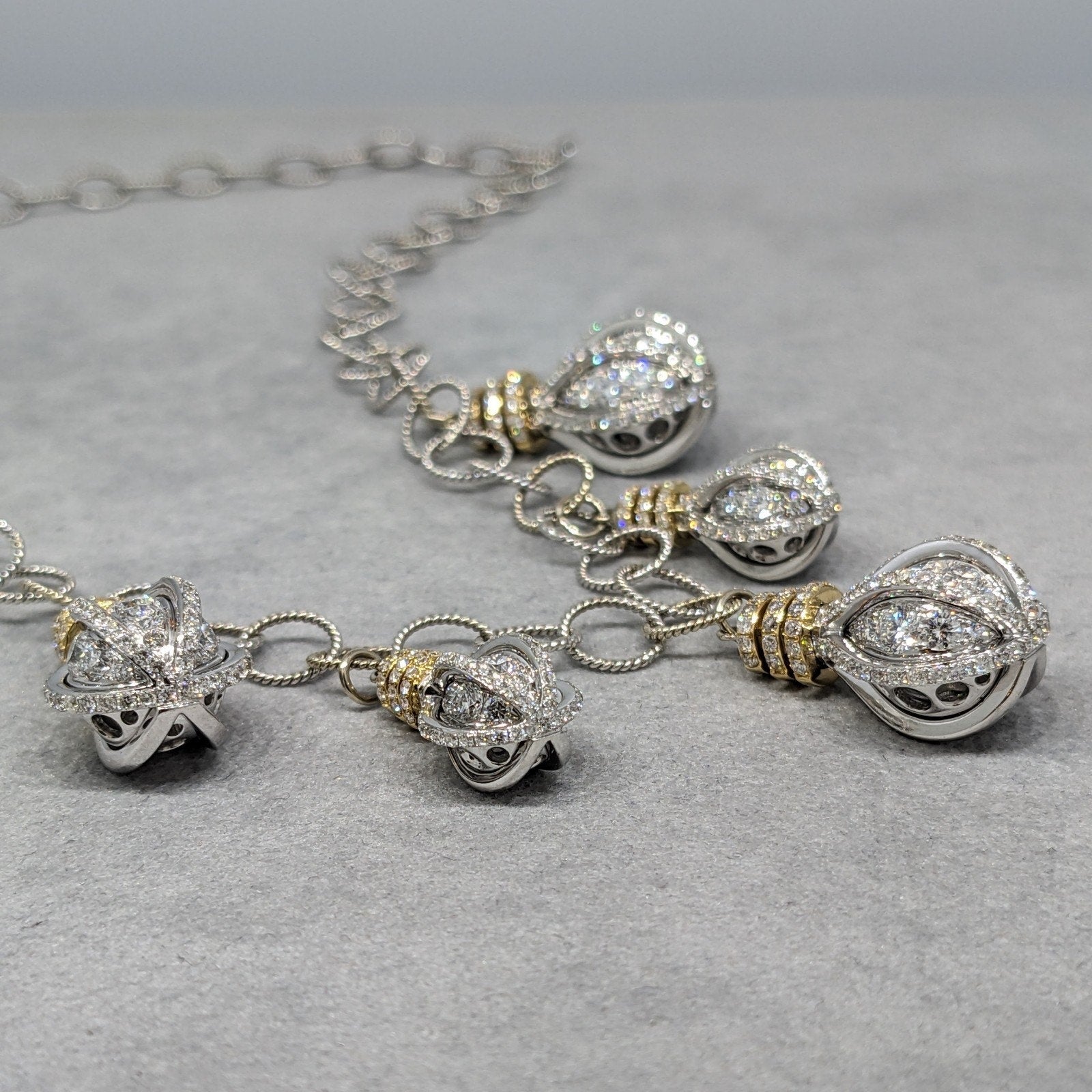 Diamond Hanging Lightbulb Charm Necklace in 18k White and Yellow Gold