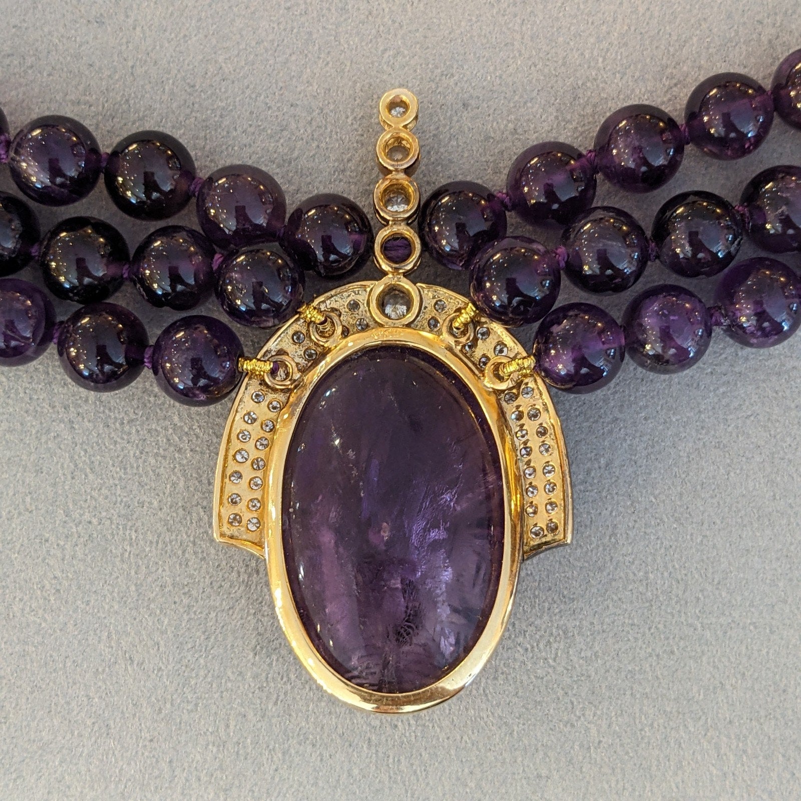 Carved Amethyst and Diamond Pendant Bead Necklace in 18k Yellow Gold