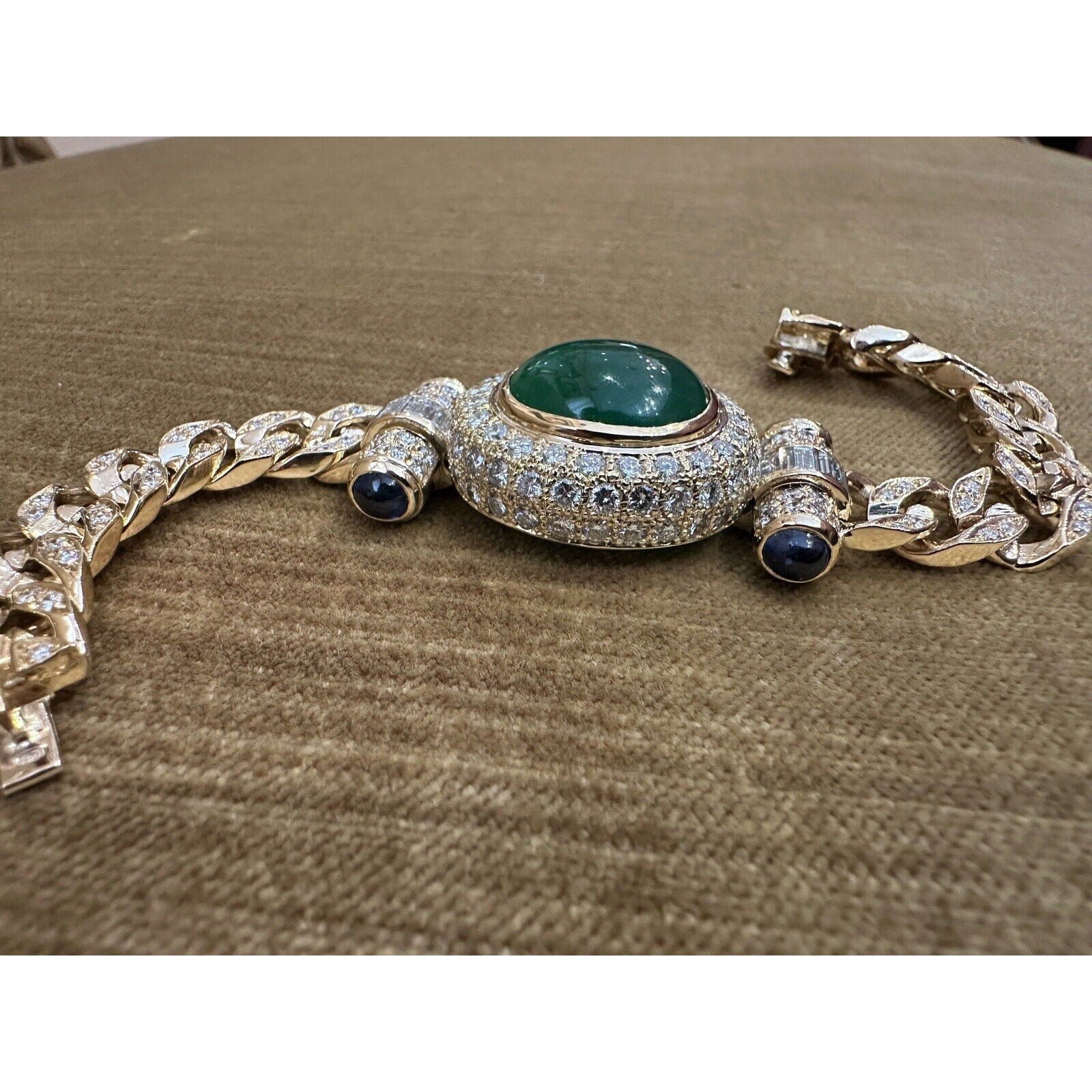 GIA 15.71 carat Jade and Diamond Curb Link Bracelet in 18k Yellow Gold
